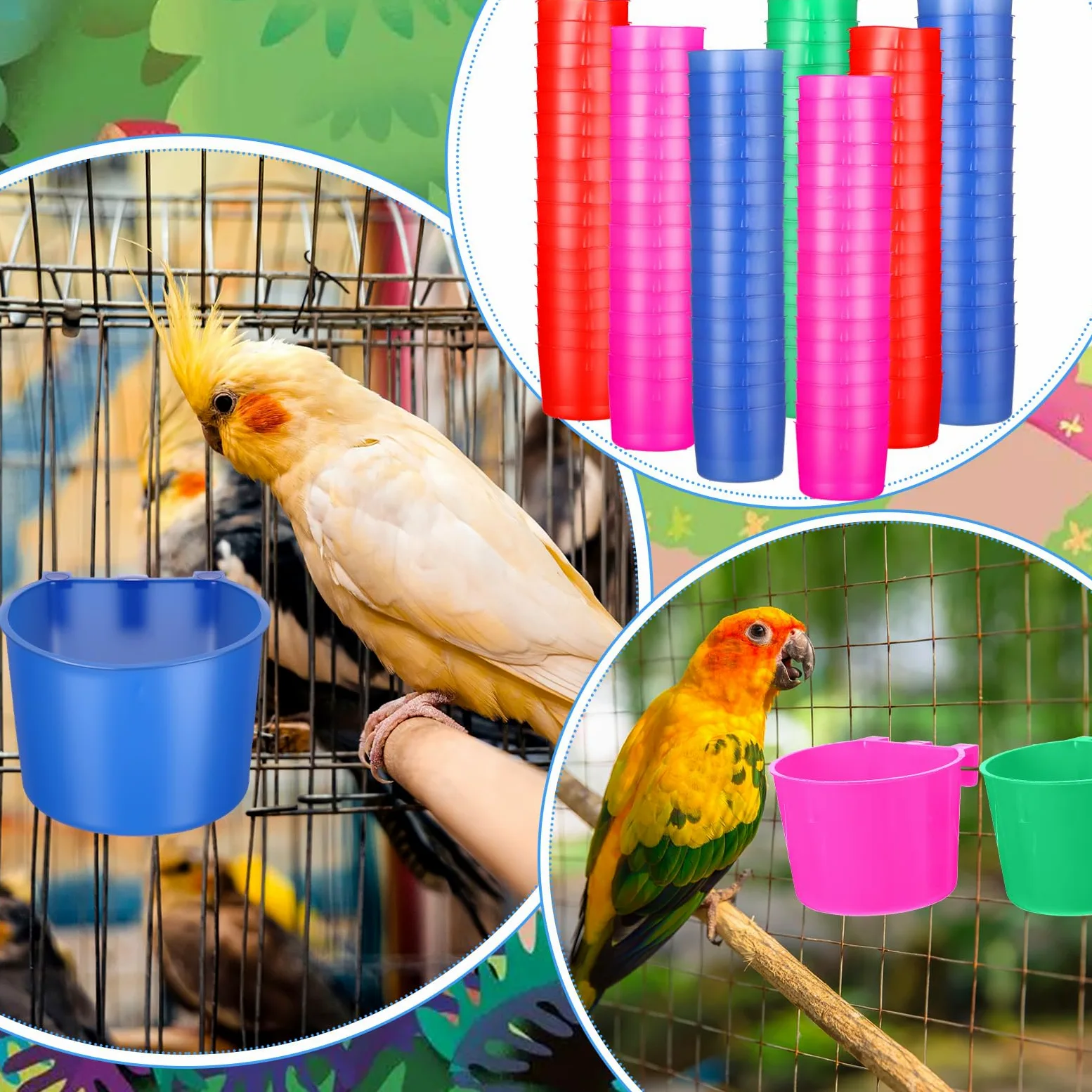 Lot de 100 mangeoires pour poulet - 236,8 g - À suspendre - Pour nourriture et eau - Pour volaille, animal domestique, perroquet, perruche, pigeon (bleu, rouge, rose rouge, vert)