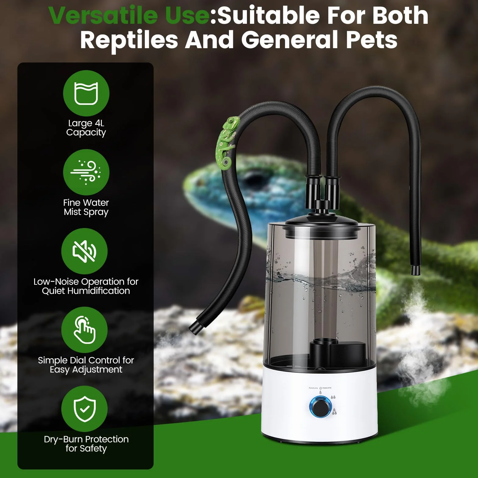 Humidificateur Aérien Reptiles 4L Générateur Brouillard Terrariums Double Tuyau Extensible Réglage Trois Niveaux Taille Pulvérisation Vaporisateur Ultra-Silencieux