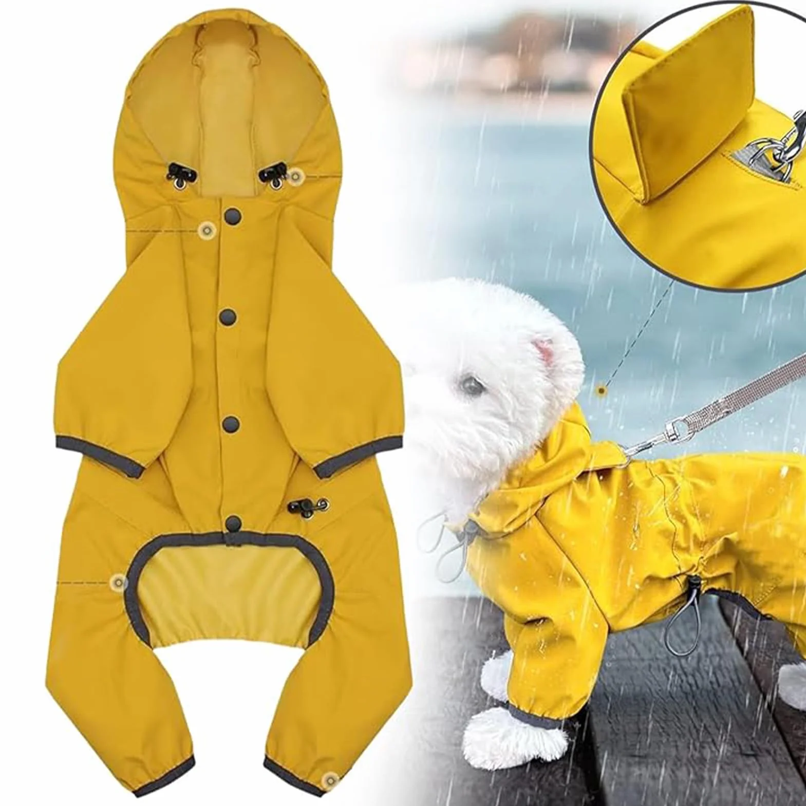 Veste Imperméable pour Chien - Manteau de Pluie Ajustable Jaune avec Capuche