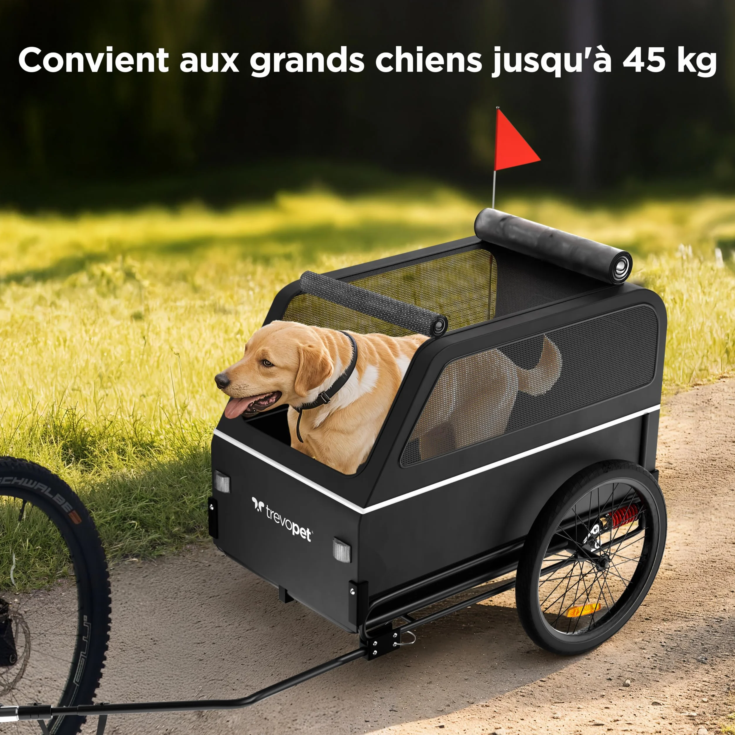 Remorque Velo Chien XL Pliable avec Rampe et Suspension 45kg Compatible Vélos Électriques