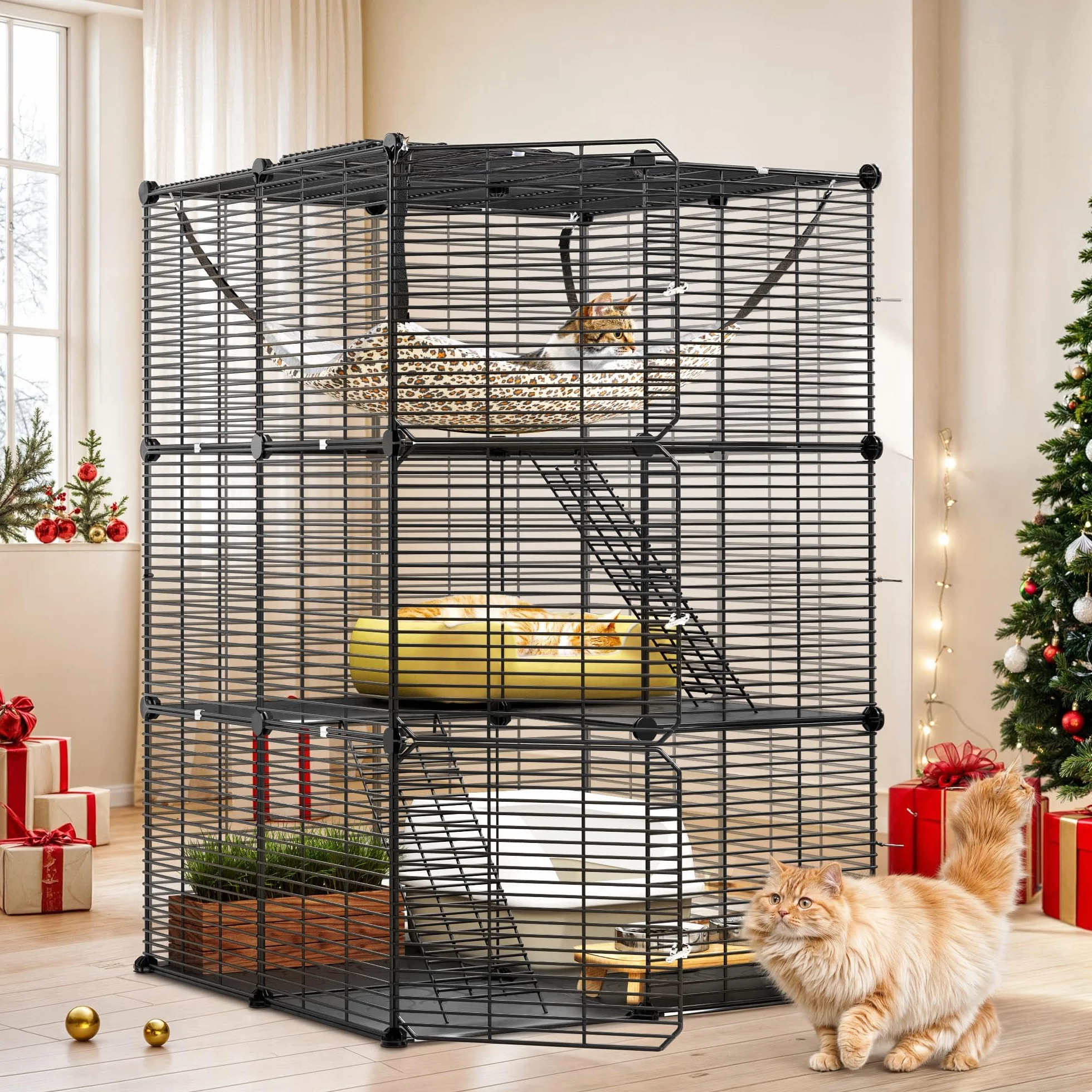 YITAHOME Cage pour Chat Extérieur/Intérieur, Enclos 3 Niveaux avec Hamac Extra Large, Fil Métallique Dense pour 1-2 Chats, Noir