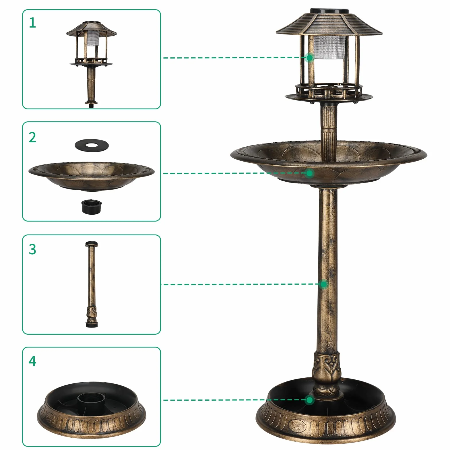 LEADZM Abreuvoir Oiseaux Exterieur Solaire avec Lampe - Mangeoire Oiseaux Exterieur, Support Remplissable, 51x51x106 cm, Bronze