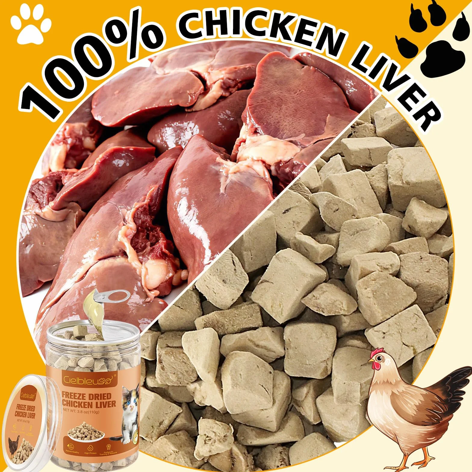 Friandises Lyophilisées pour Chats 110g 100% Foie de Poulet Riche en Protéines