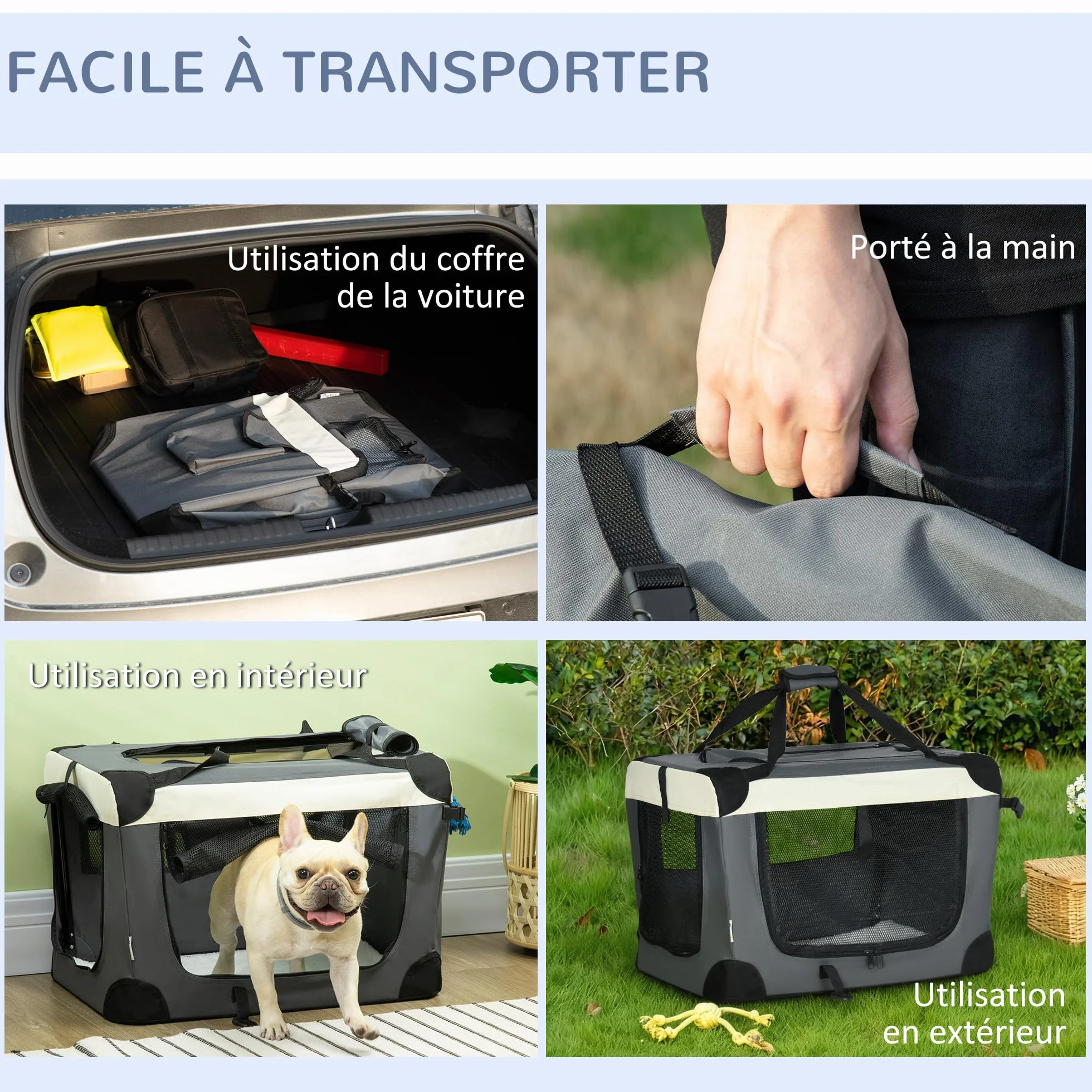 PawHut Panier de Transport pour Animal de Compagnie Pliable Portable Ouverture Supérieure Tissu Maille Respirant Gris Noir
