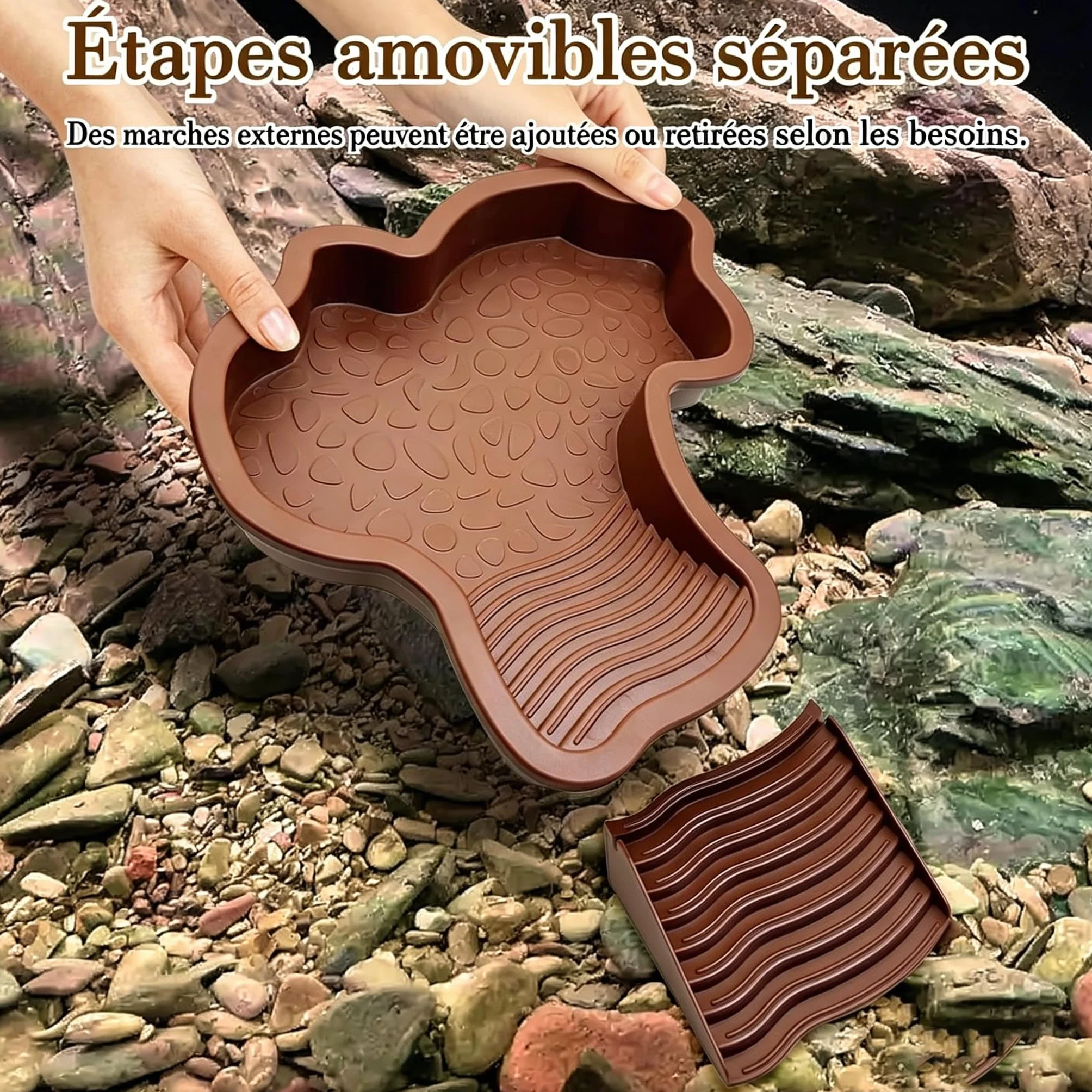 Abreuvoir Tortue Terrestre 35x28.5x4.3cm Piscine avec Rampe Détachable pour Tortues Lézards Gecko Amphibien Rouge Brun