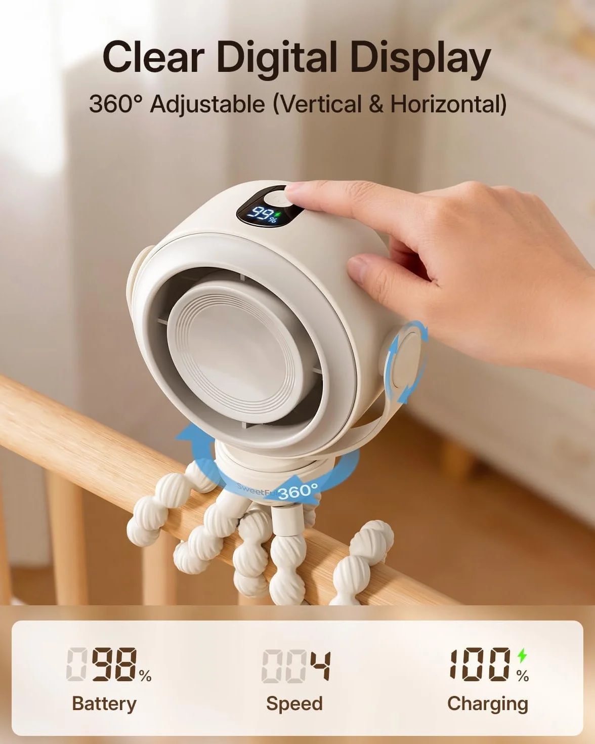 SWEETFULL Ventilateur Poussette Portable, Mini Bebe Ventilateur, Batterie 10 Heures, Rotation 360° Détachable, 5 Vitesses, Rechargeable USB