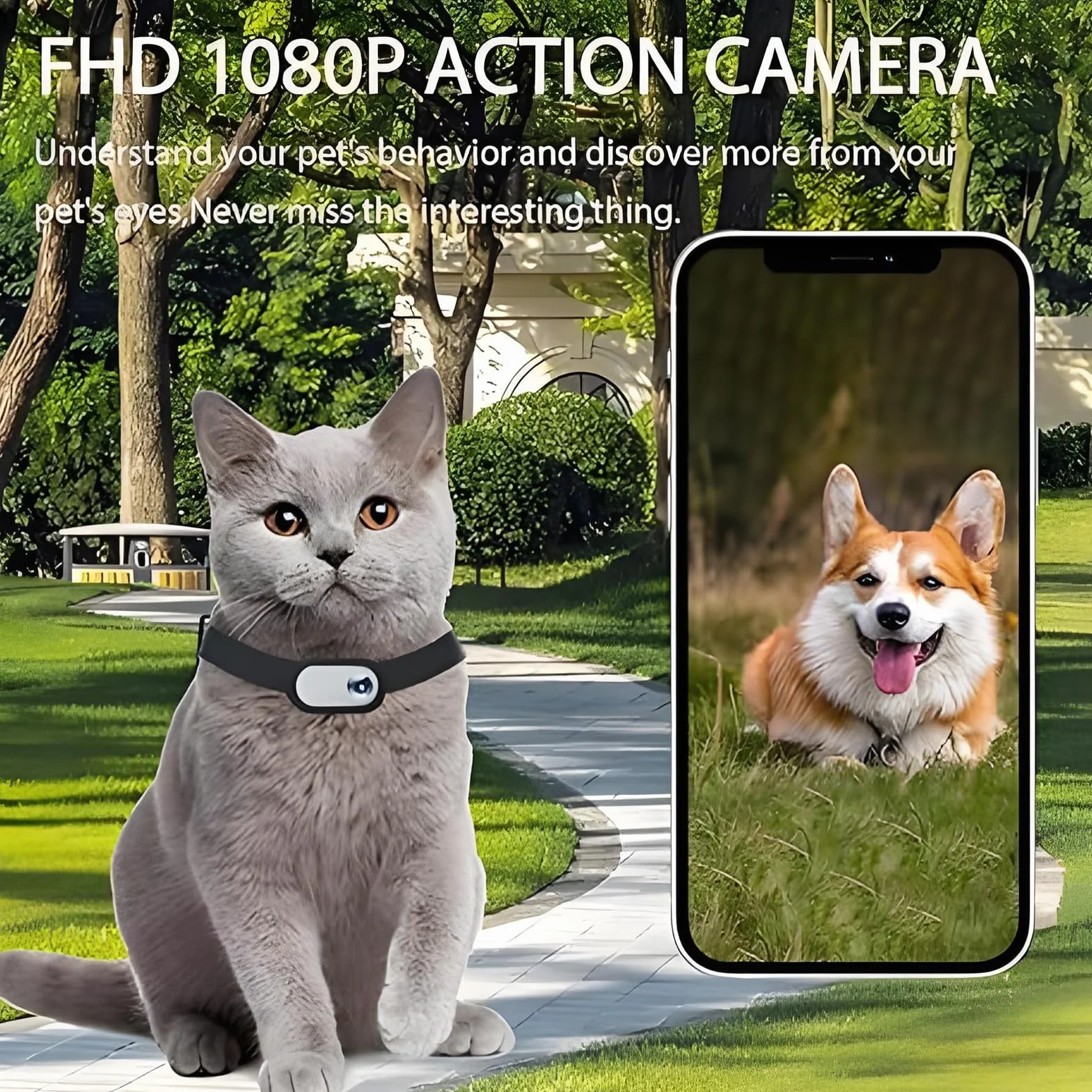 Caméra pour Collier pour Animaux de Compagnie Denash, écran LCD 1080P Grand Angle 170° Rechargeable USB