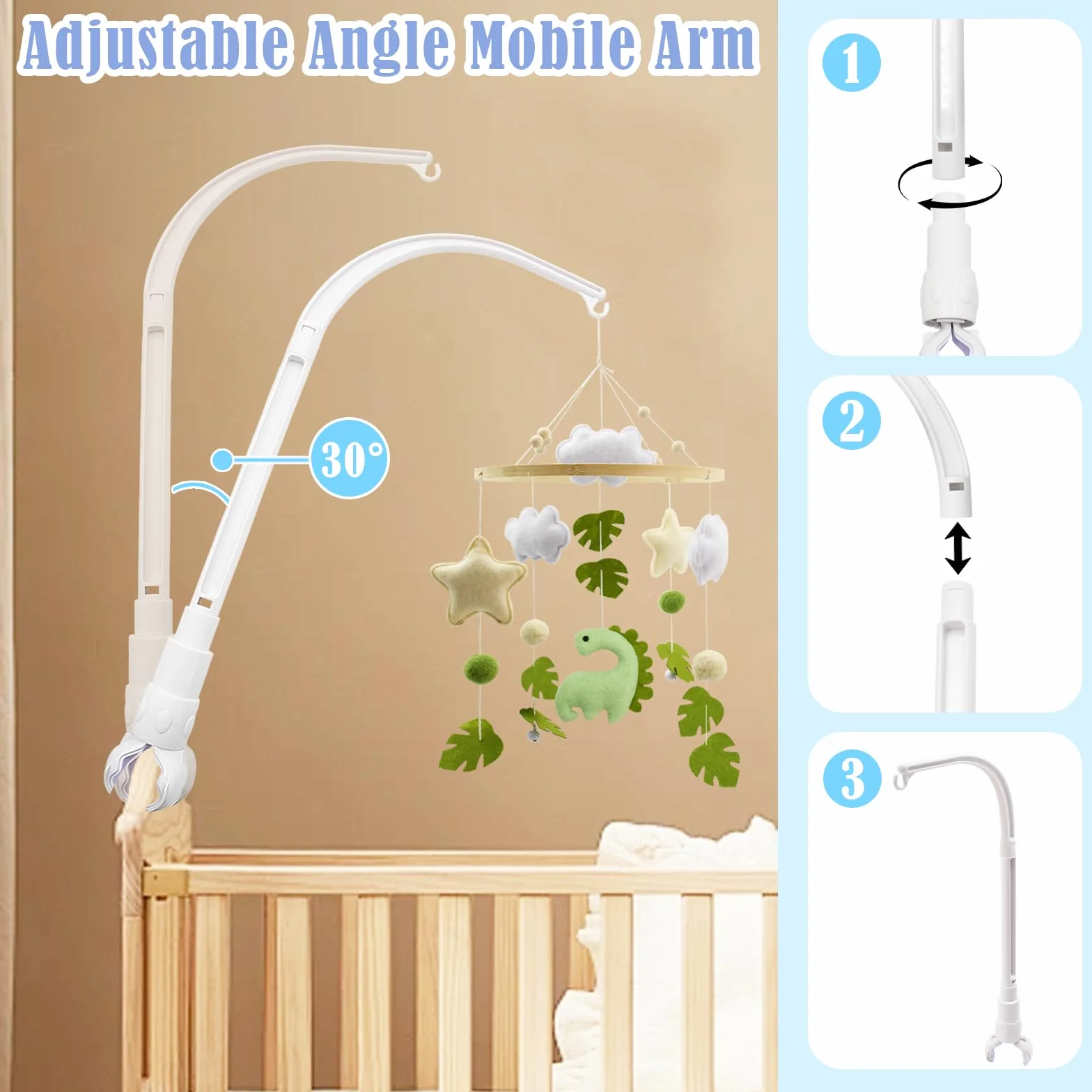 Support Mobile Lit Bébé Berceau Amovible Réglable en Largeur, Carillon à Vent Suspendu, Jouet Nouveau-né 0-12 Mois