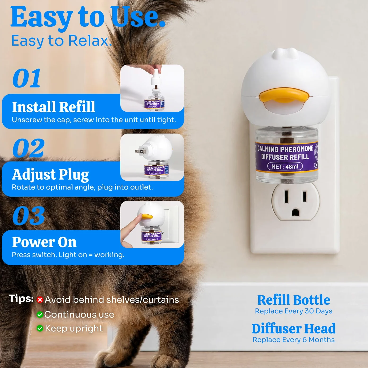 Diffuseur apaisant pour chat d'intérieur : soutien apaisant inspiré des phéromones aide à promouvoir un comportement détendu et un confort émotionnel – Diffuseur à brancher sans médicament pour un