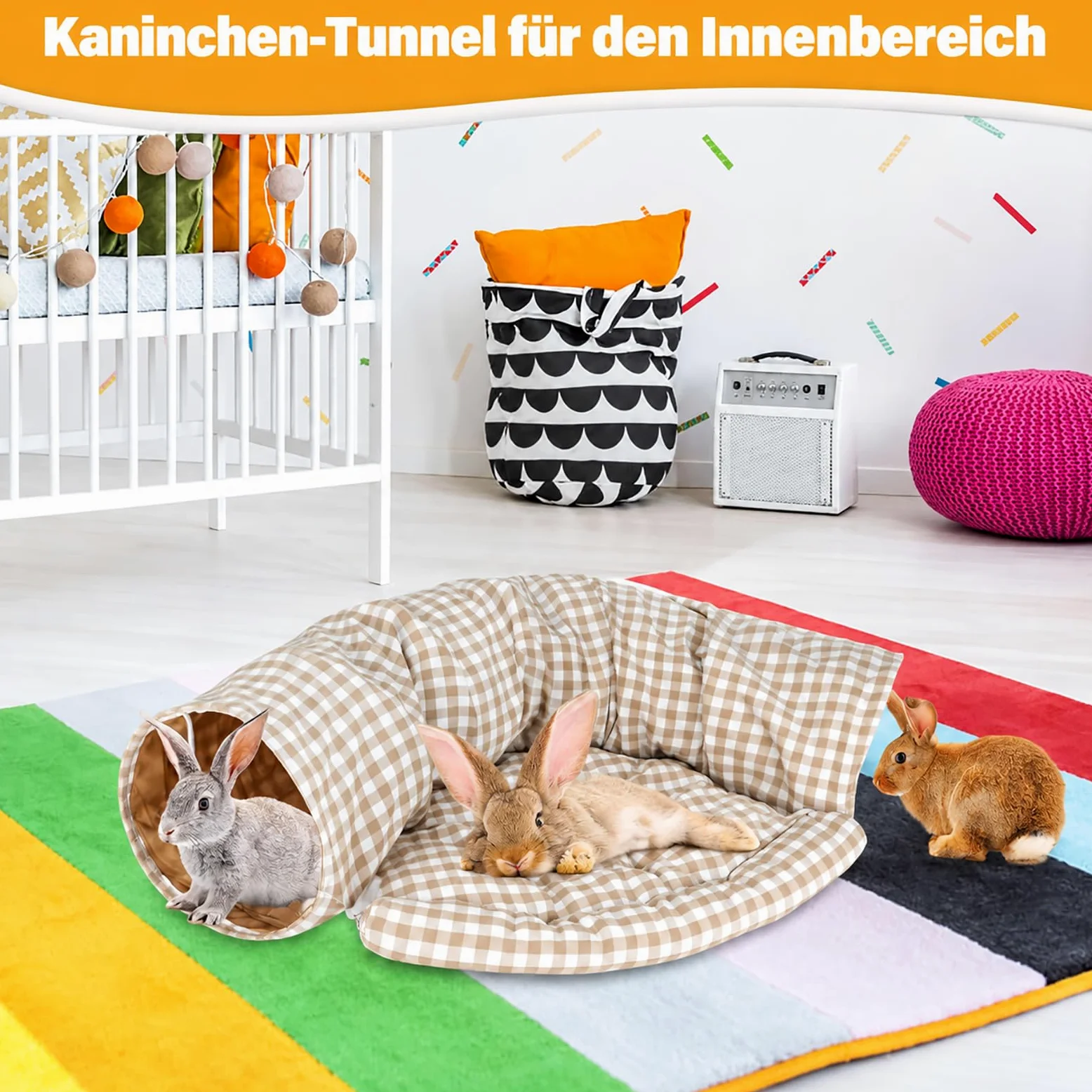 Lit tunnel pour lapin 2 en 1 – Tunnel pliable avec tapis amovible, tunnel douillet lavable pour lapins, cochons d'Inde et chats, espace de jeu et de couchage confortable pour petits animaux