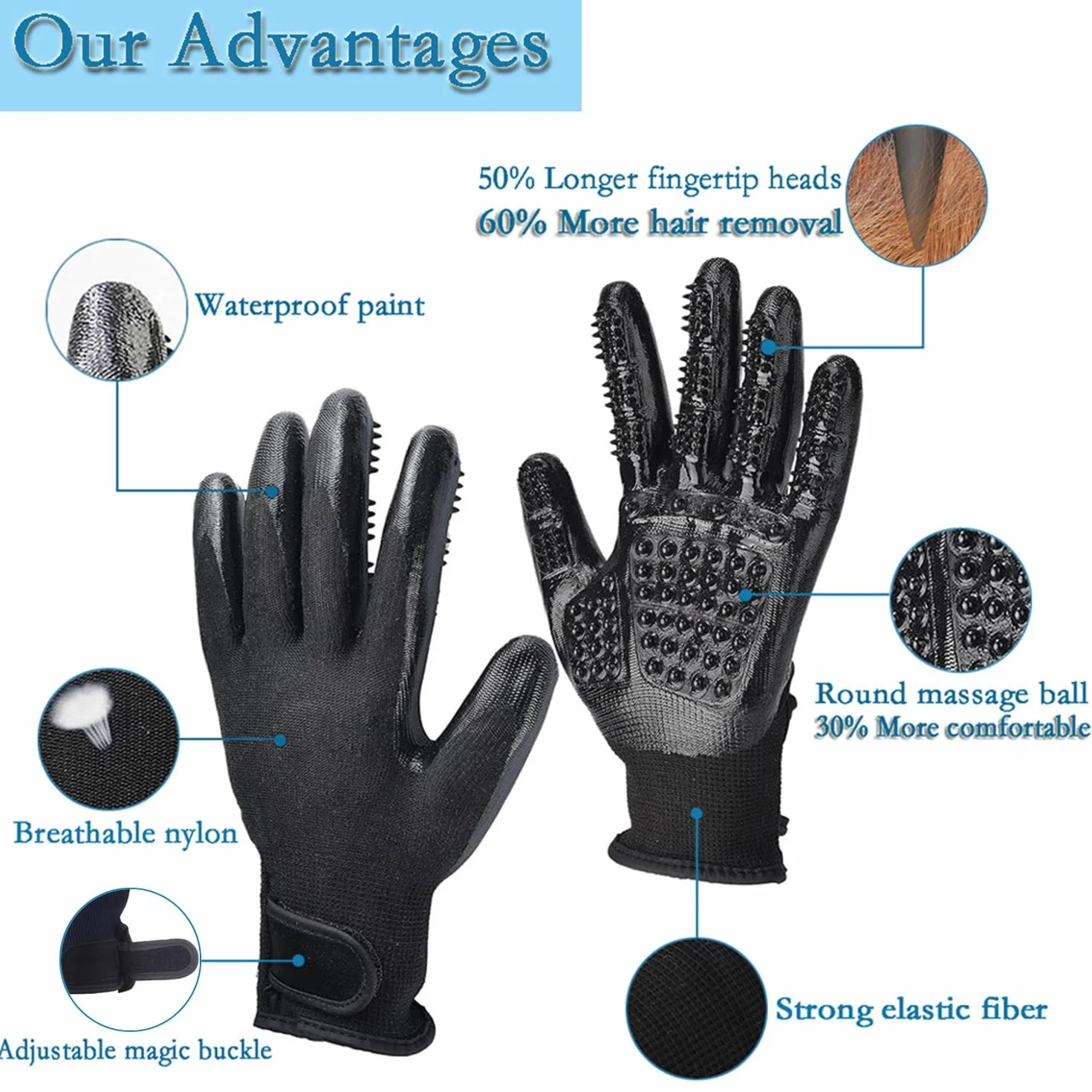 Gants de toilettage pour chien brosse de massage multifonctionnelle en caoutchouc respirant pour chiens chats chevaux fourrure longue courte