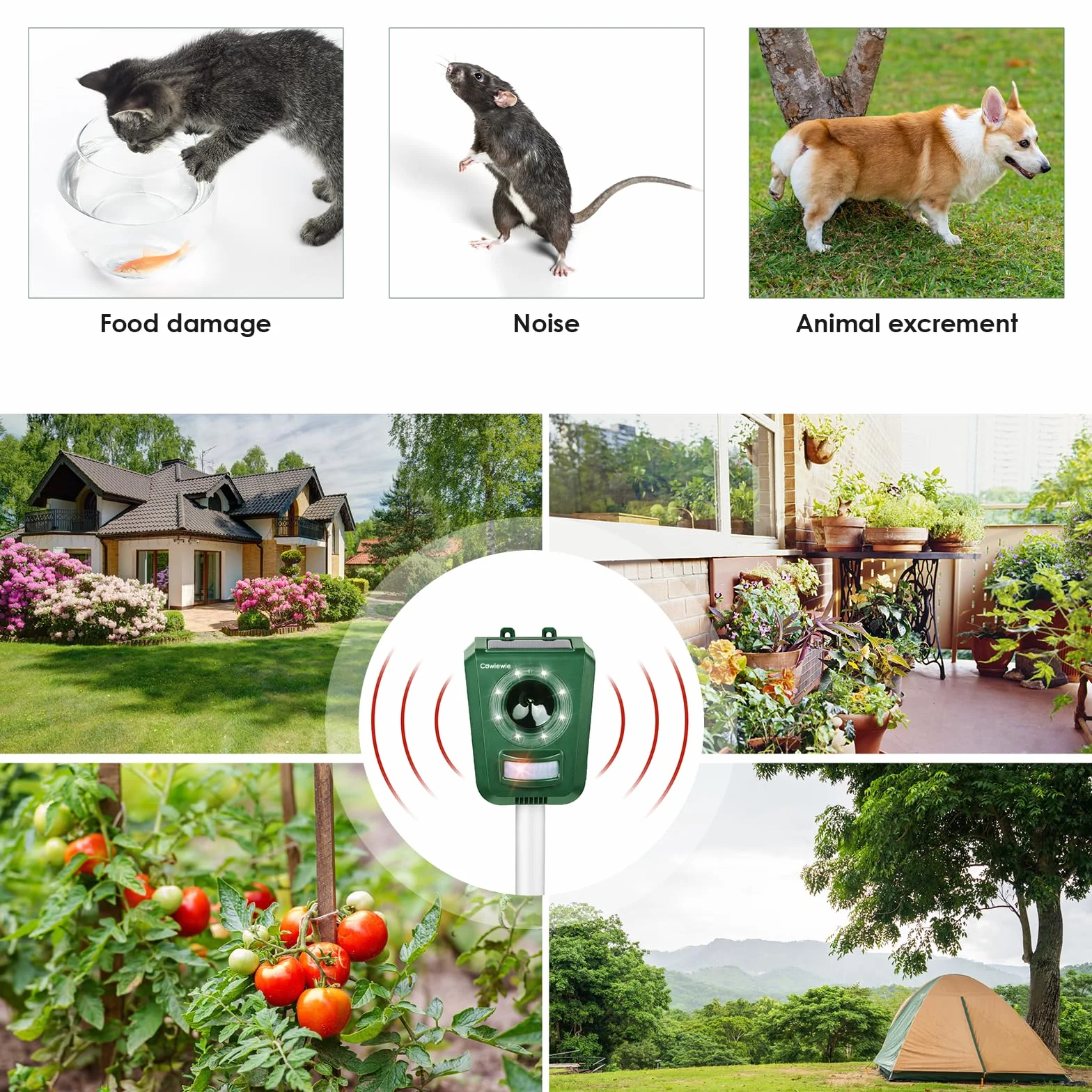 Répulsif pour chat à ultrasons solaire étanche 5 modes contre martres chiens hérons jardin