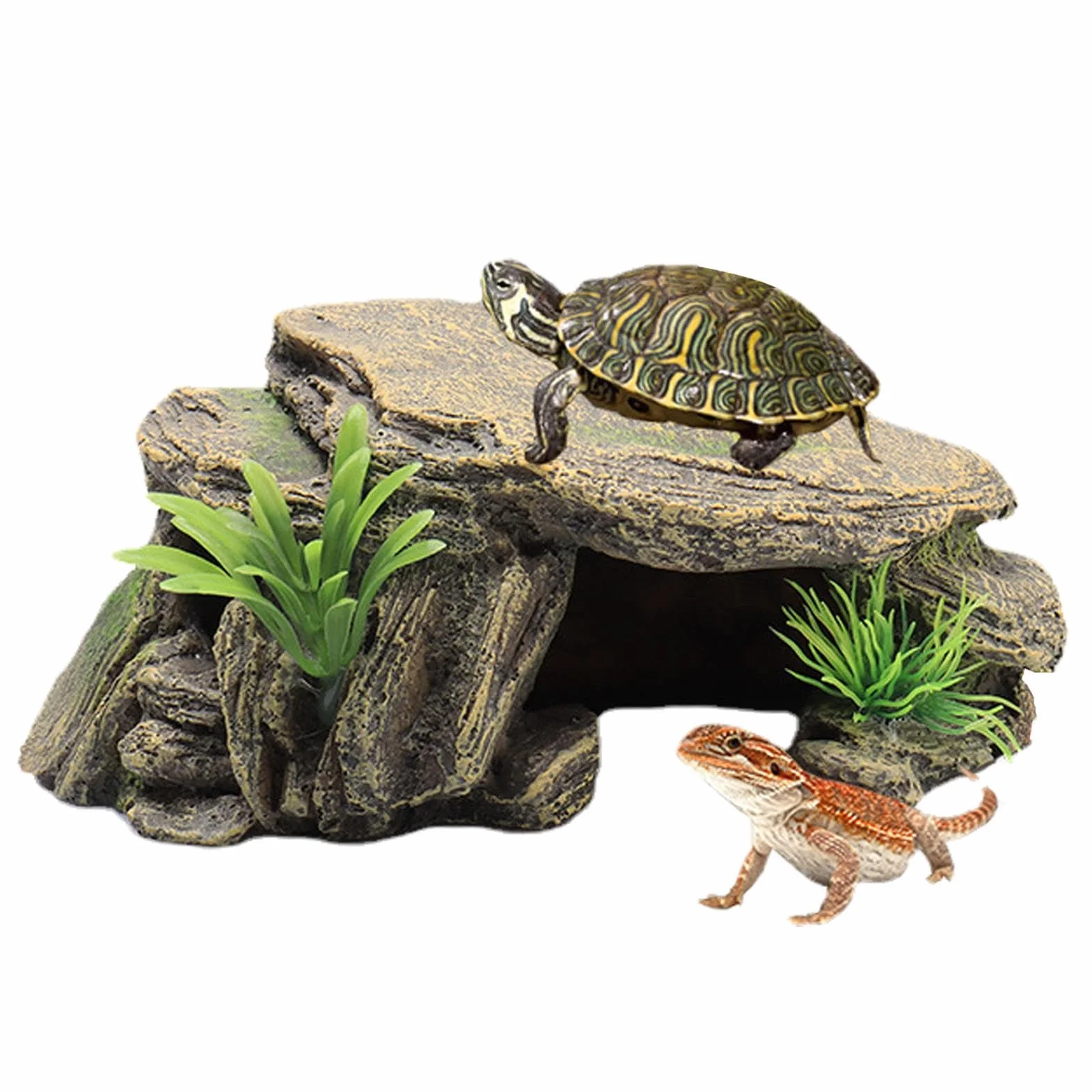 Abri pour Tortue en Résine, Cabane Décorative Cachette Aquarium, Plateforme Basking Réaliste 9,5x16x6,5 cm
