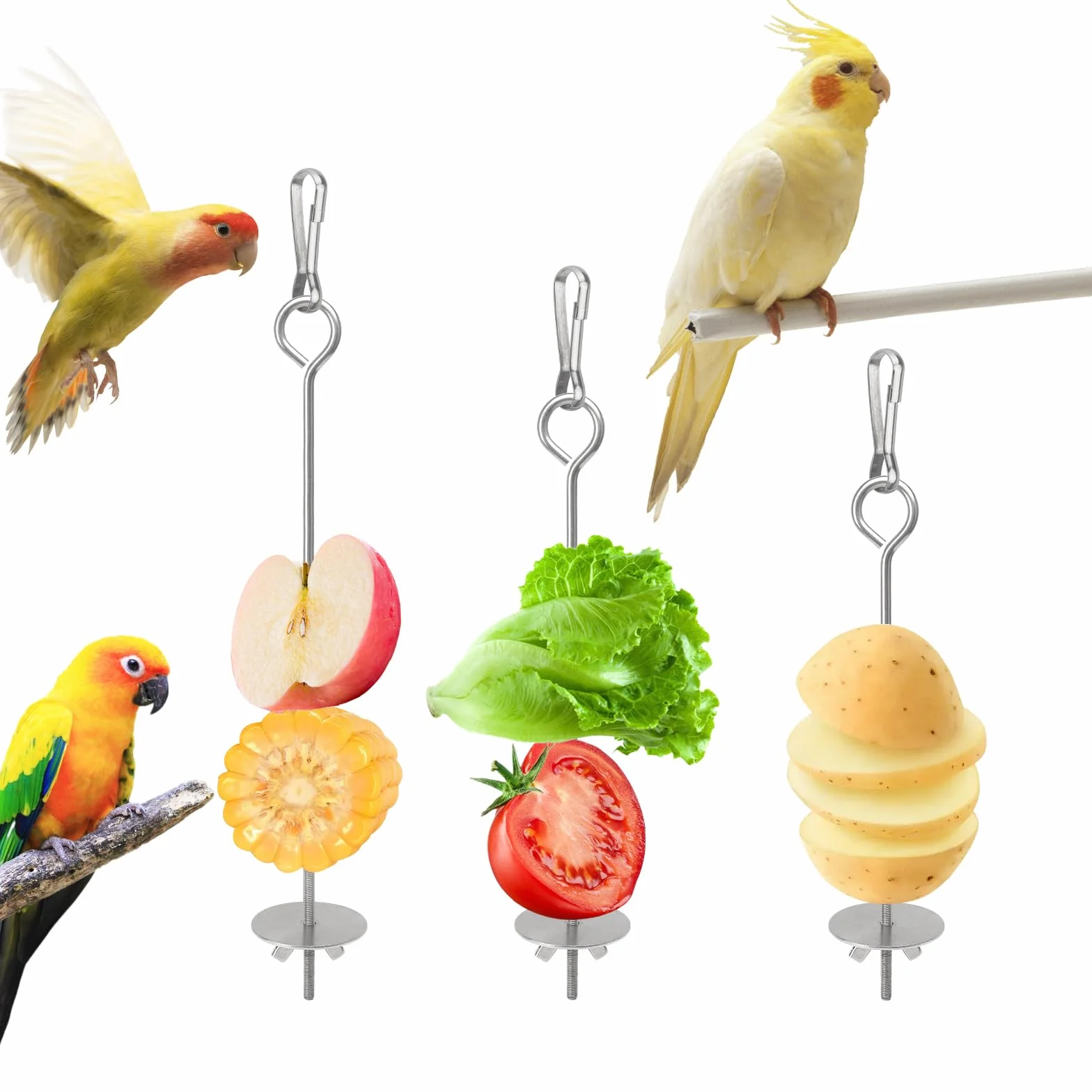 Mangeoire pour oiseau en acier inoxydable 3 pièces brochette de légumes et fruits