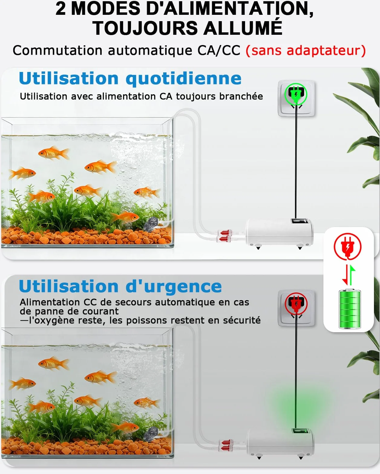 Pompe à air portable rechargeable USB pour aquarium, 2600 mAh, silencieuse, deux sorties