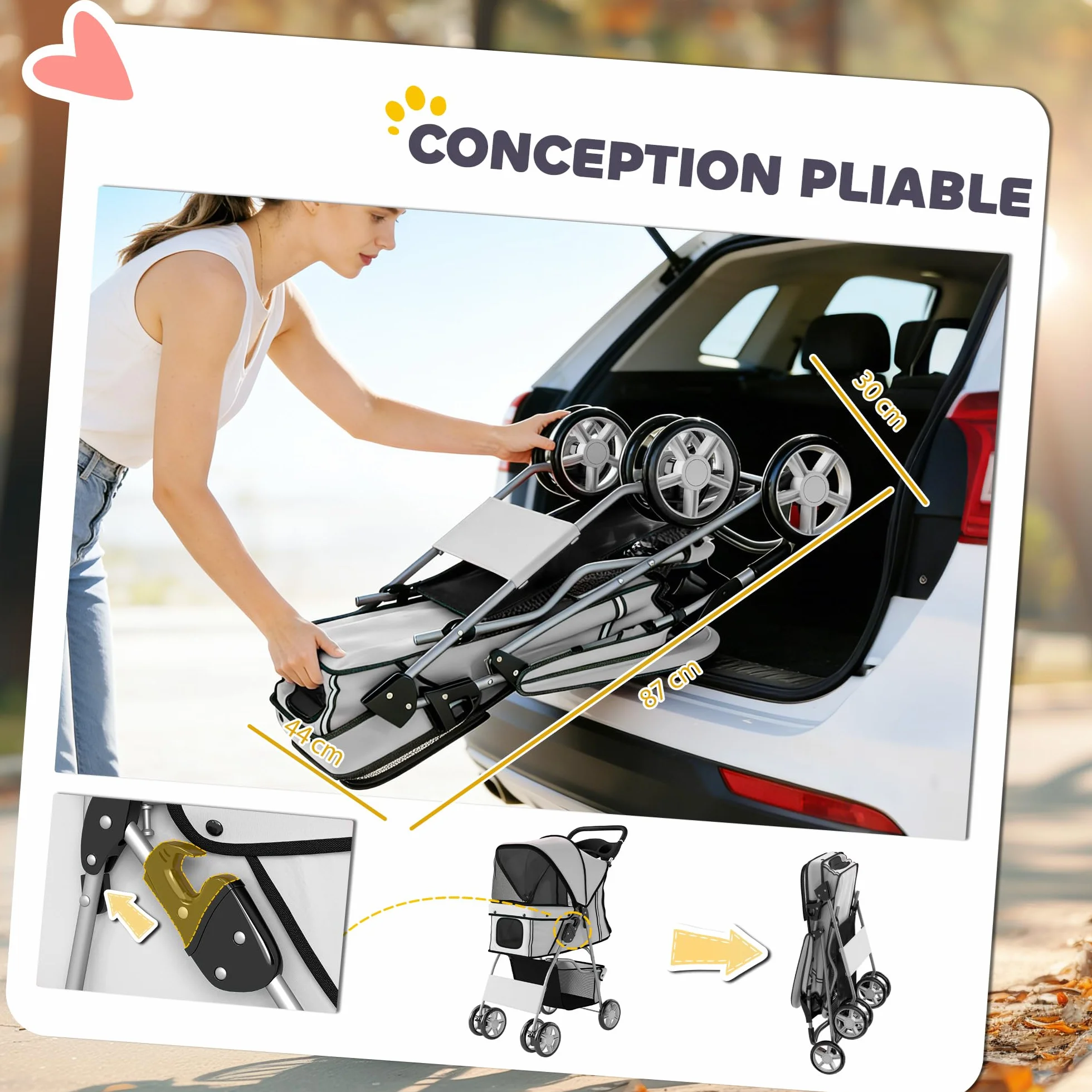 PawHut Poussette buggy pliable animaux chariot pliante imperméable chien chat toit amovible incluse porte-gobelet panier de rangement roues avec frein tissu 600D Oxford acier gris