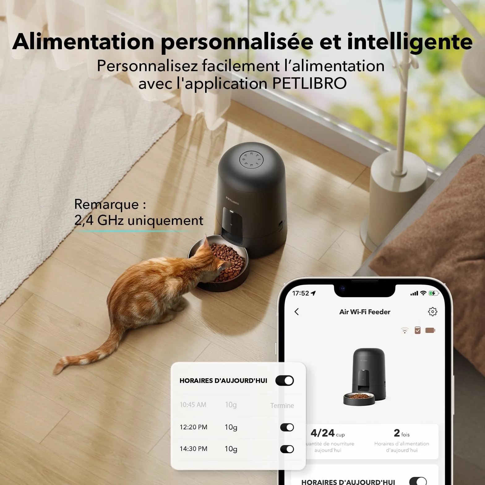 PETLIBRO Distributeur Croquettes Chat Automatique WiFi 2,4G Batterie Rechargeable 30 Jours 10 Repas 2L Noir