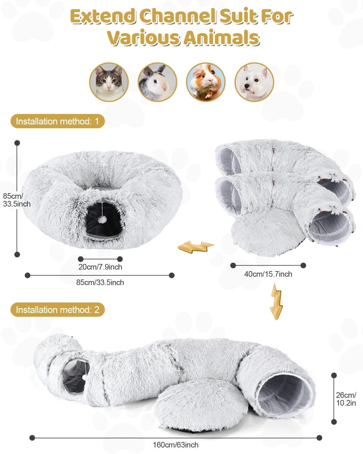 Odoland Tunnel Chat avec lit Coussin, Multifonctionnel Tunnel pour Chat Donut Interieur avec Jouets-Gris