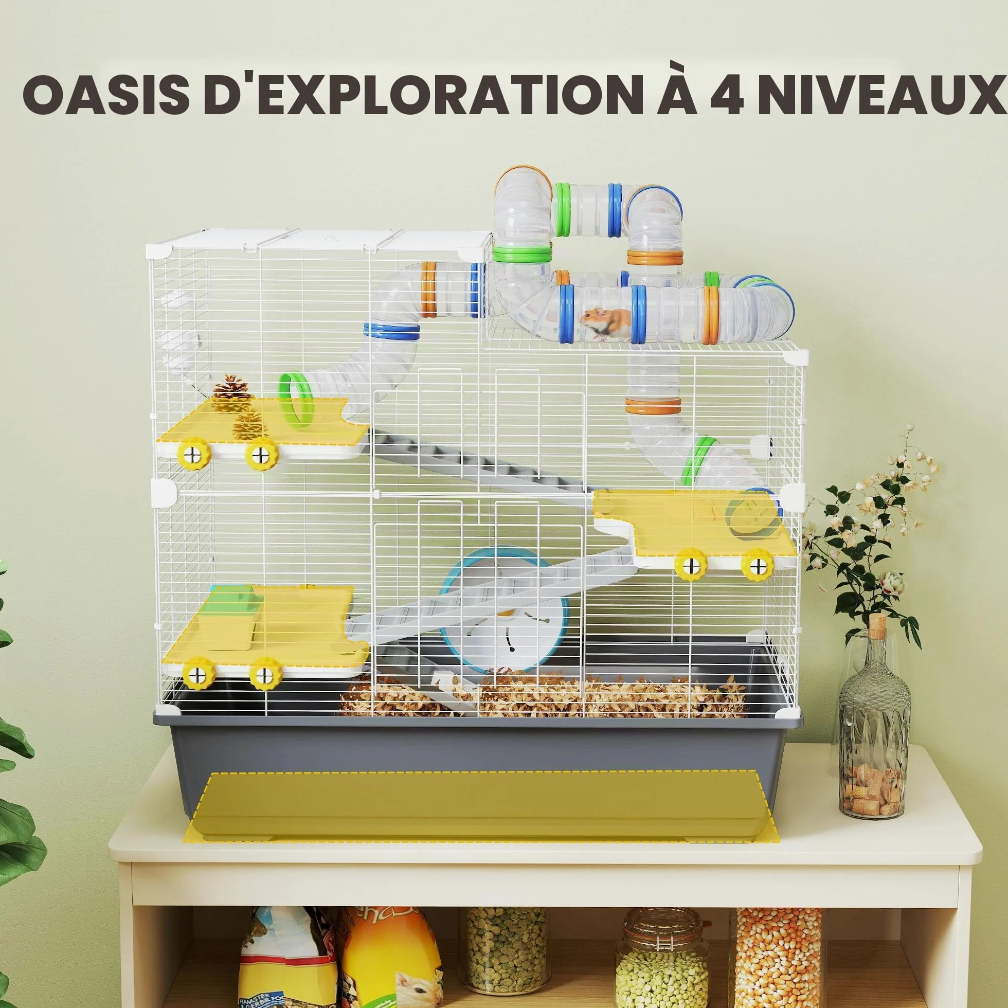 PawHut Cage Hamster 4 Niveaux avec Roue 78x45x73 cm Gris | Cage rongeur, bol nourriture, tunnel, cabane, porte supérieure, pour hamster syrien