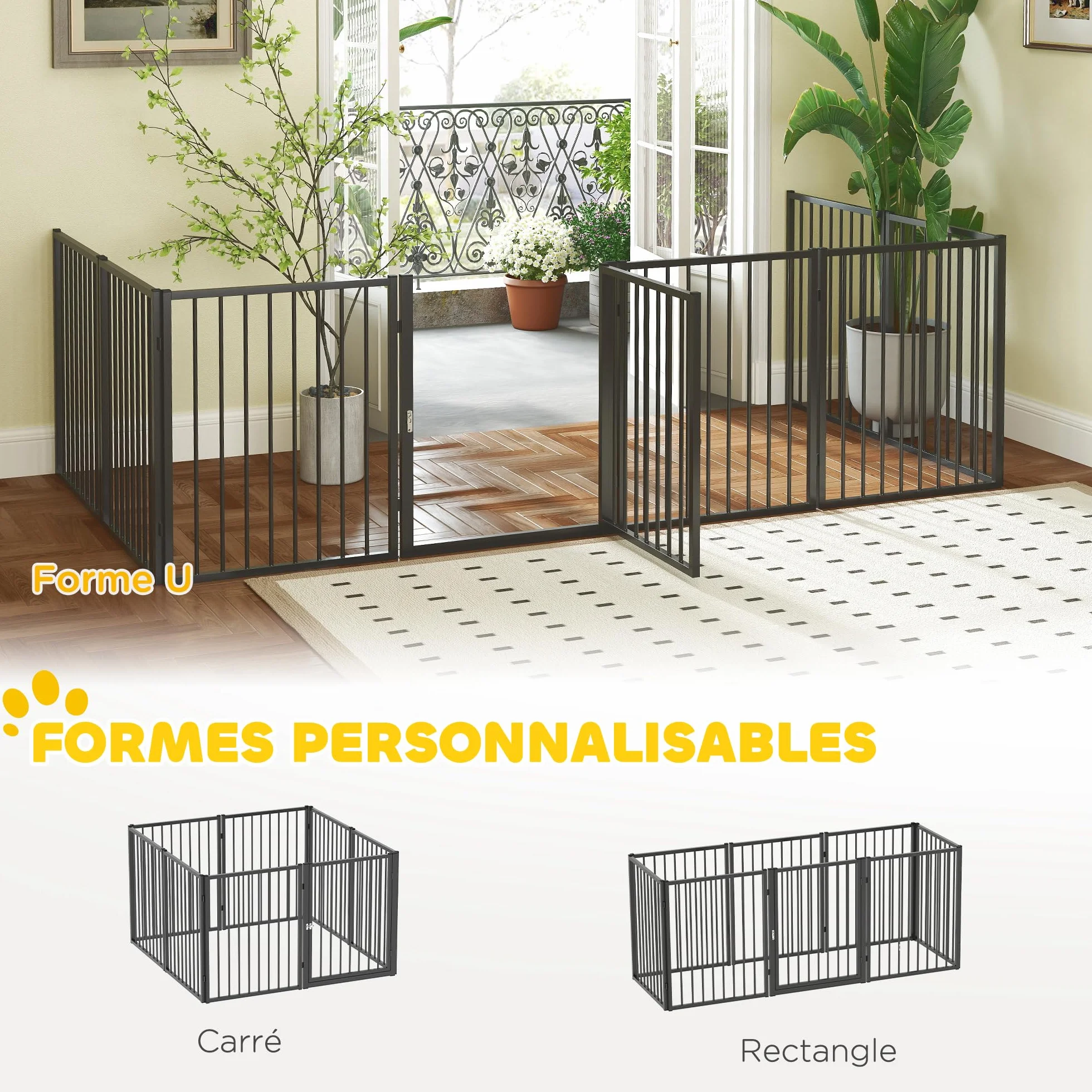 PawHut Parc pour Chien 8 Panneaux modulable Pliable en métal 76H cm avec Porte Noir