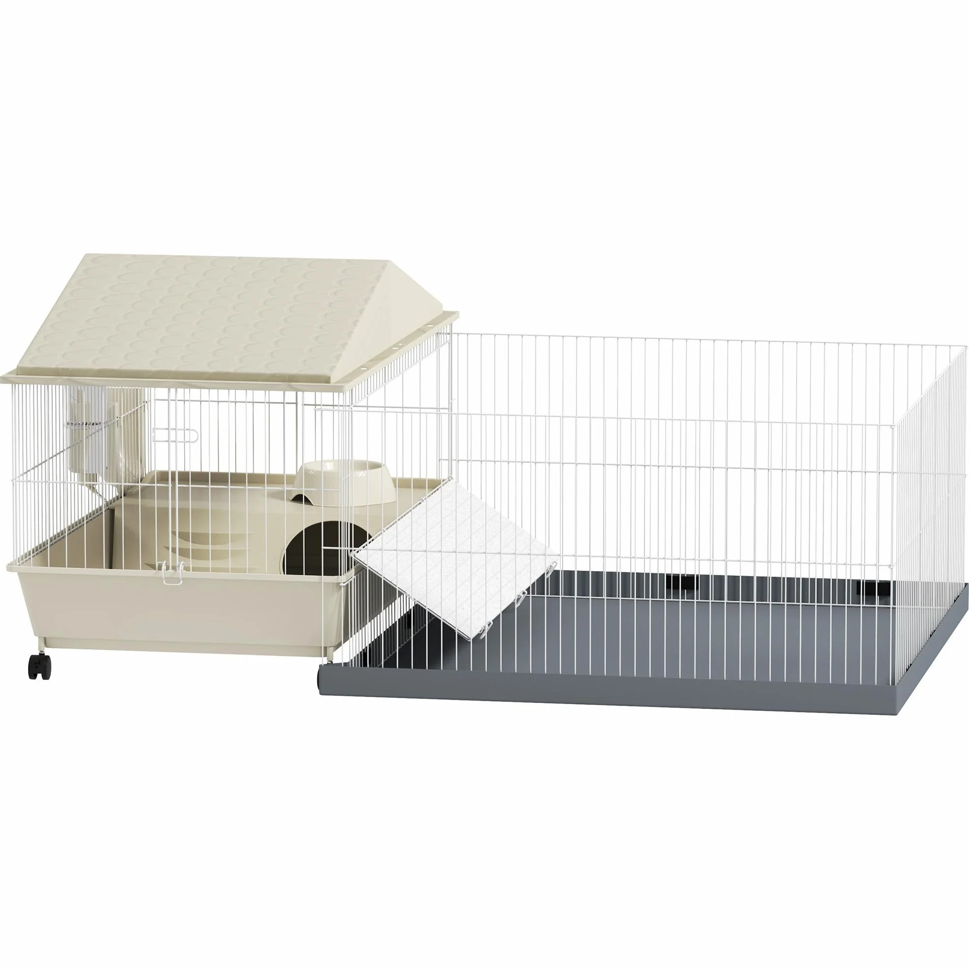 PawHut Cage Cochon d'Inde avec Parc Amovible 4 Roues pour Hérisson Beige | Cage pour Petits Animaux, Tapis Imperméable, Balcon, Bol d'Alimentation, Rampe à Couverture Souple