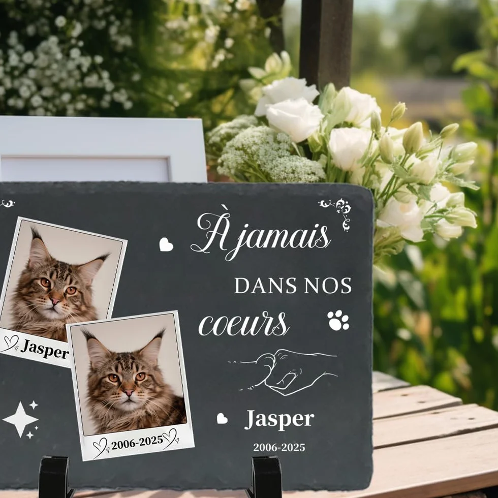 Plaque Commémorative pour Chat Pierre Tombale Personnalisée avec Photo - Cadeau Souvenir Animal Décédé - Style L