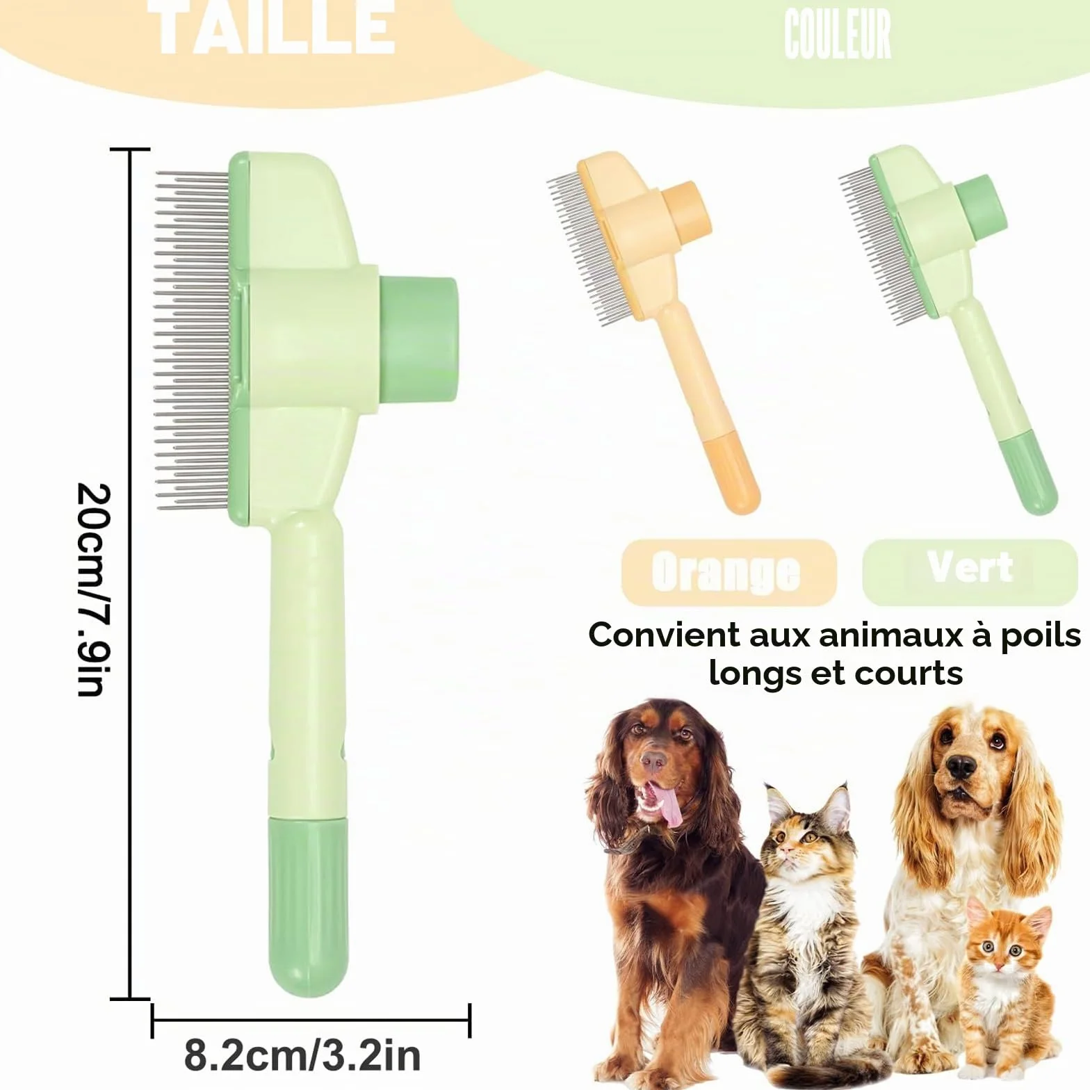 Brosse autonettoyante pour animaux de compagnie - Peigne à puces pour chat et poils longs/courts - Vert