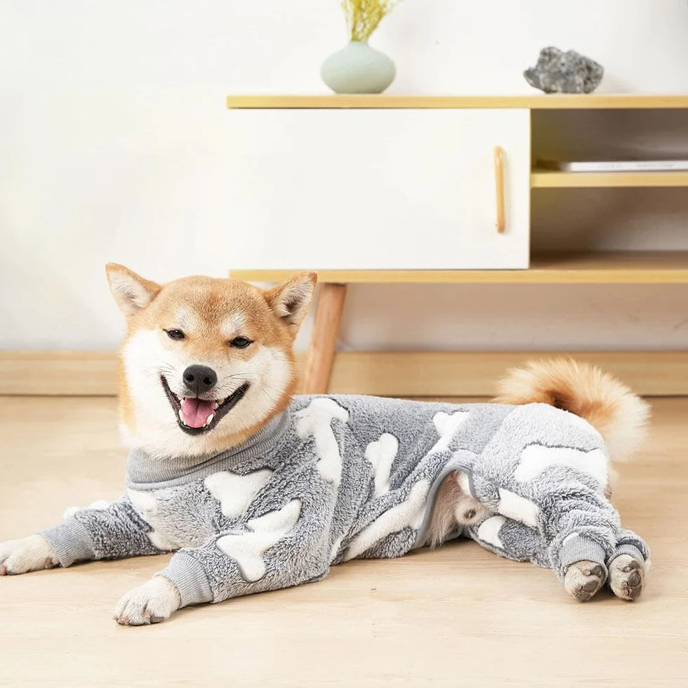 Pyjama Chien en Flanelle pour Petite à Moyenne Taille Combinaison Chirurgicale Anti-fuites Hiver (S, os+Gris)