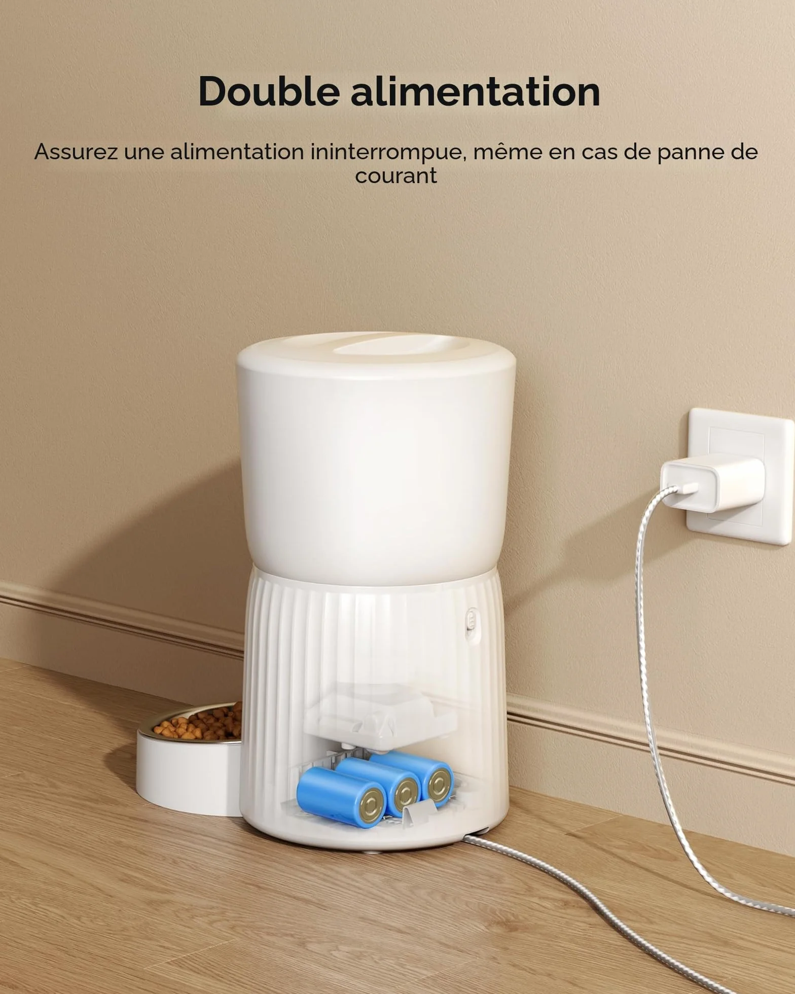 Faroro Distributeur Croquettes Chat Automatique 4L Contrôle Portions Enregistrement Vocal 10s Alimentation Lente Blanc