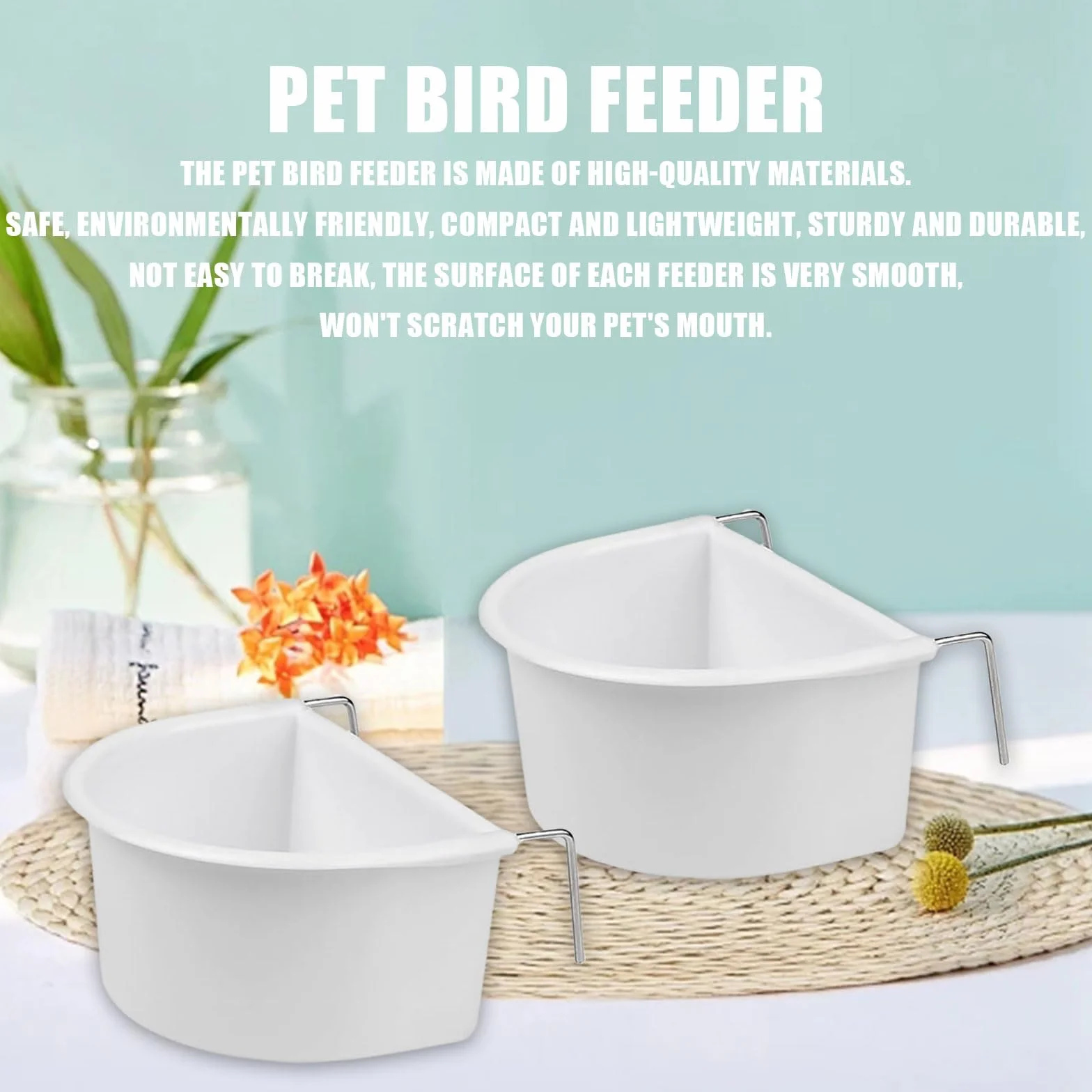 Gamelles en plastique en forme de D avec crochet pour cage à oiseaux - Accessoires pour petits oiseaux, perroquets, calopsittes et perruches (blanc)