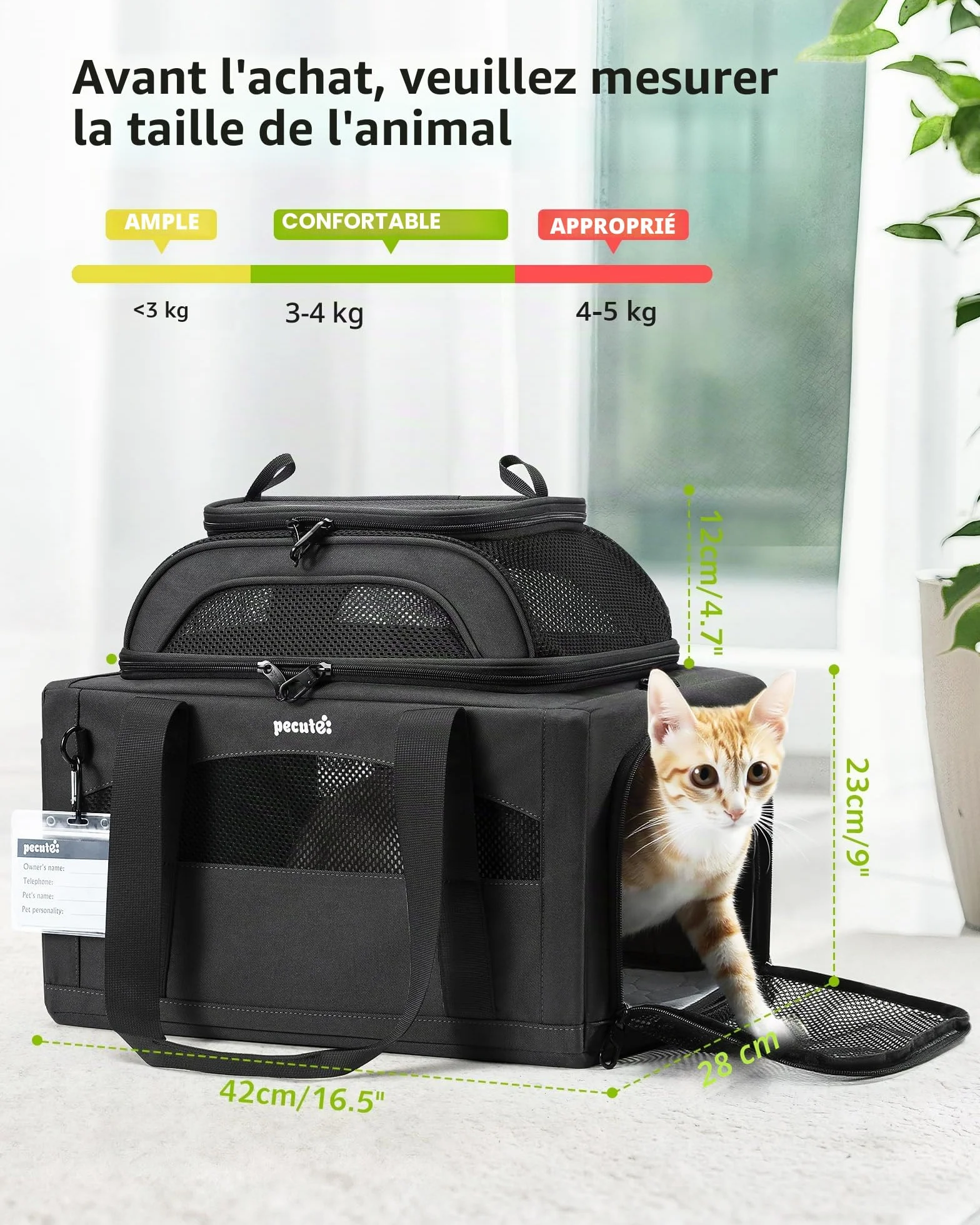Pecute Sac de Transport pour Chat Extension Supérieure, Cadre Ultra Stable, Pliable, Gris Foncé