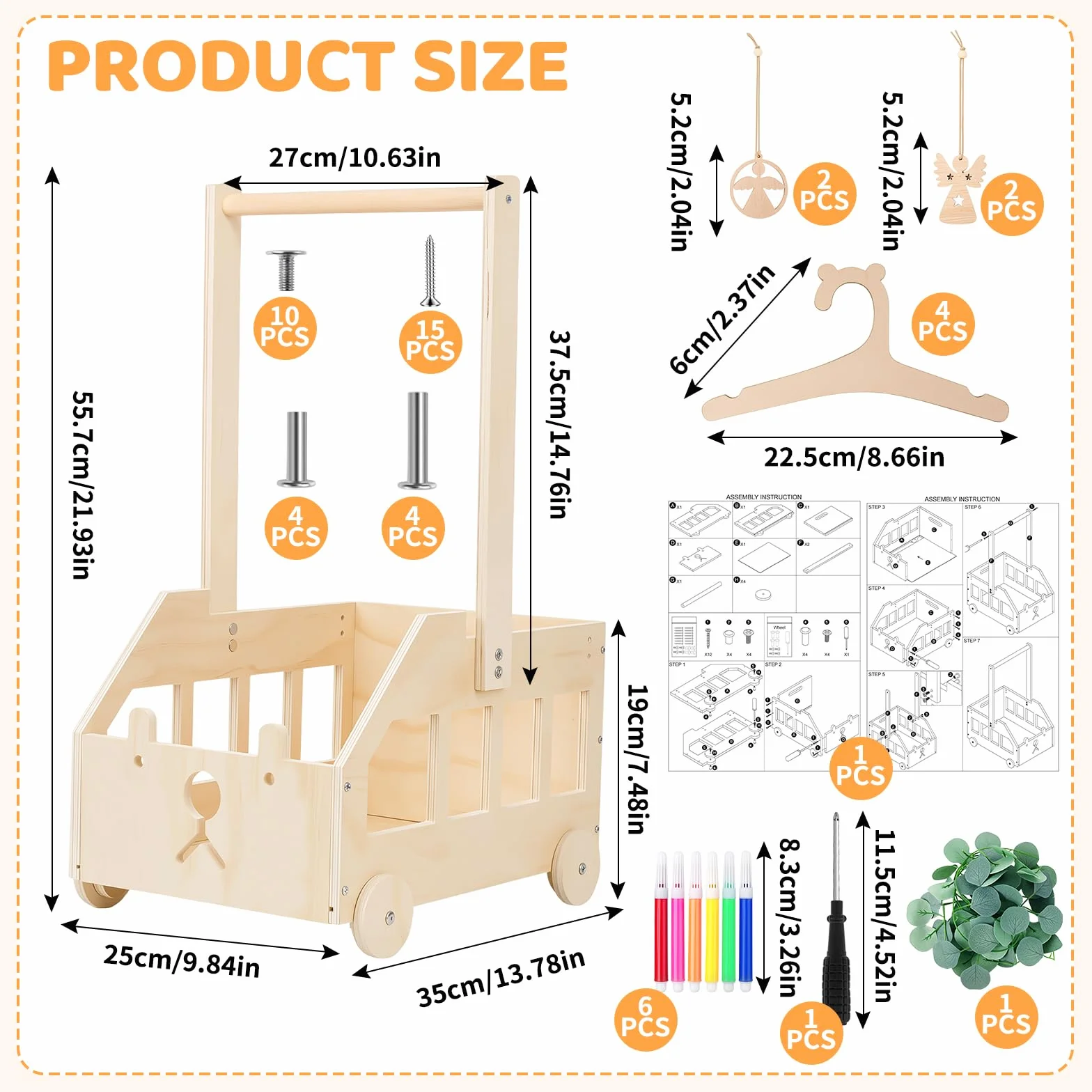 Panier Naissance Bébé en Bois Motif Ours Coffret Cadeau avec Poignée et Roulettes