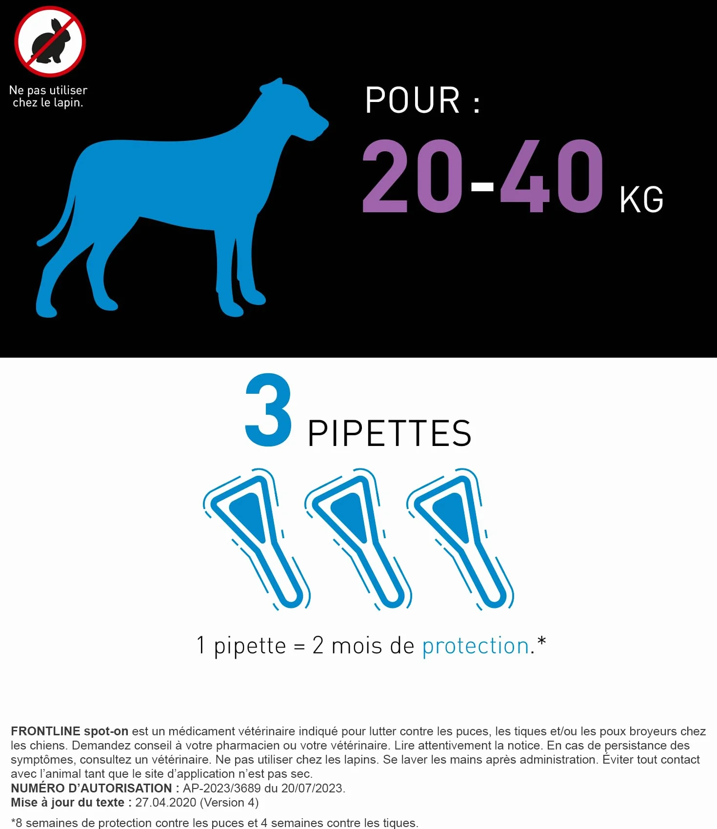 Frontline Spot on Chien Anti Puces Anti-Tiques 3 Pipettes 20-40 kg Fabriqué en France