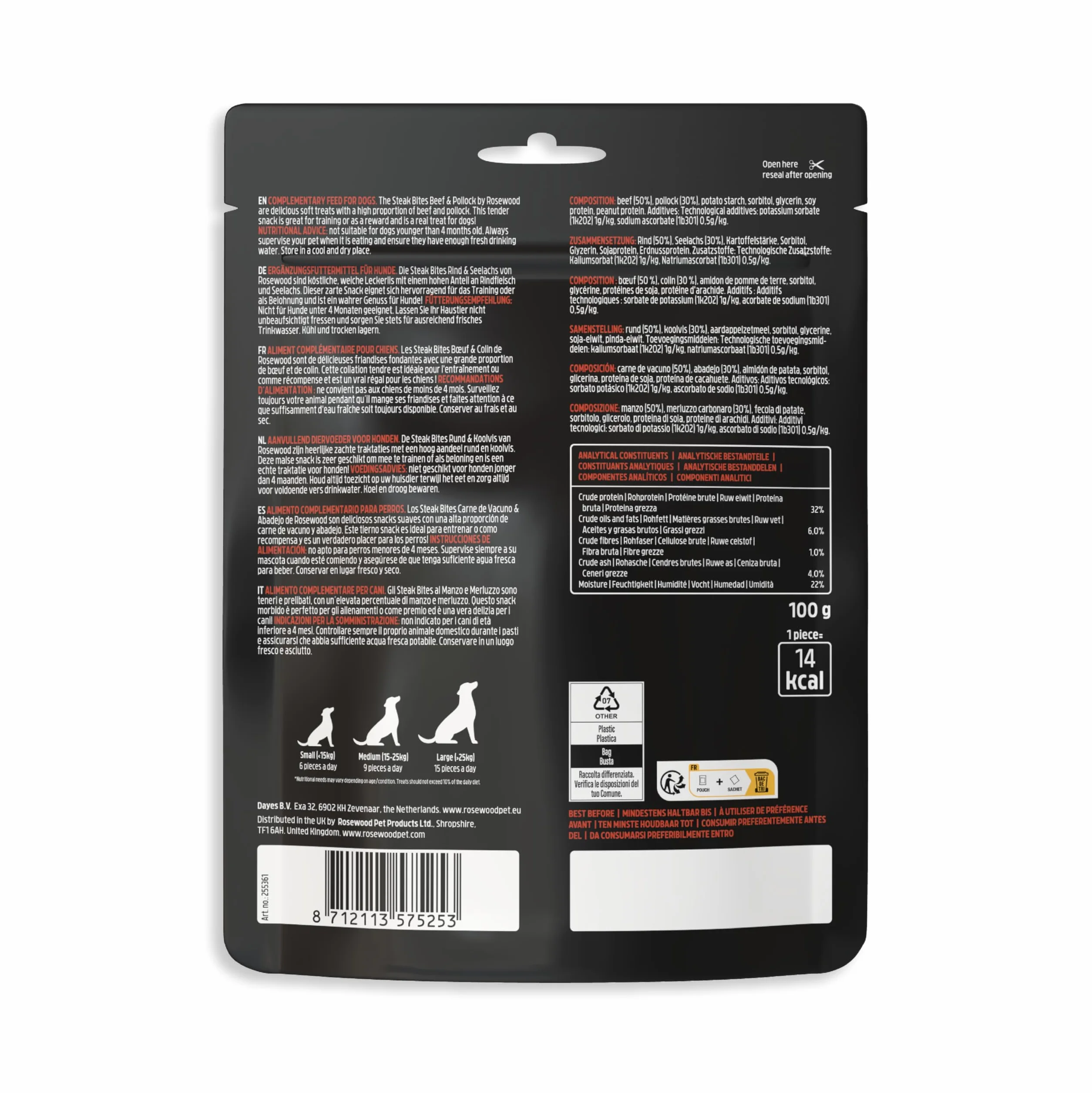 Rosewood Steak Bites Bœuf & Colin Friandise Tendre pour Chien Riche en Viande et Poisson sans céréales 100 g