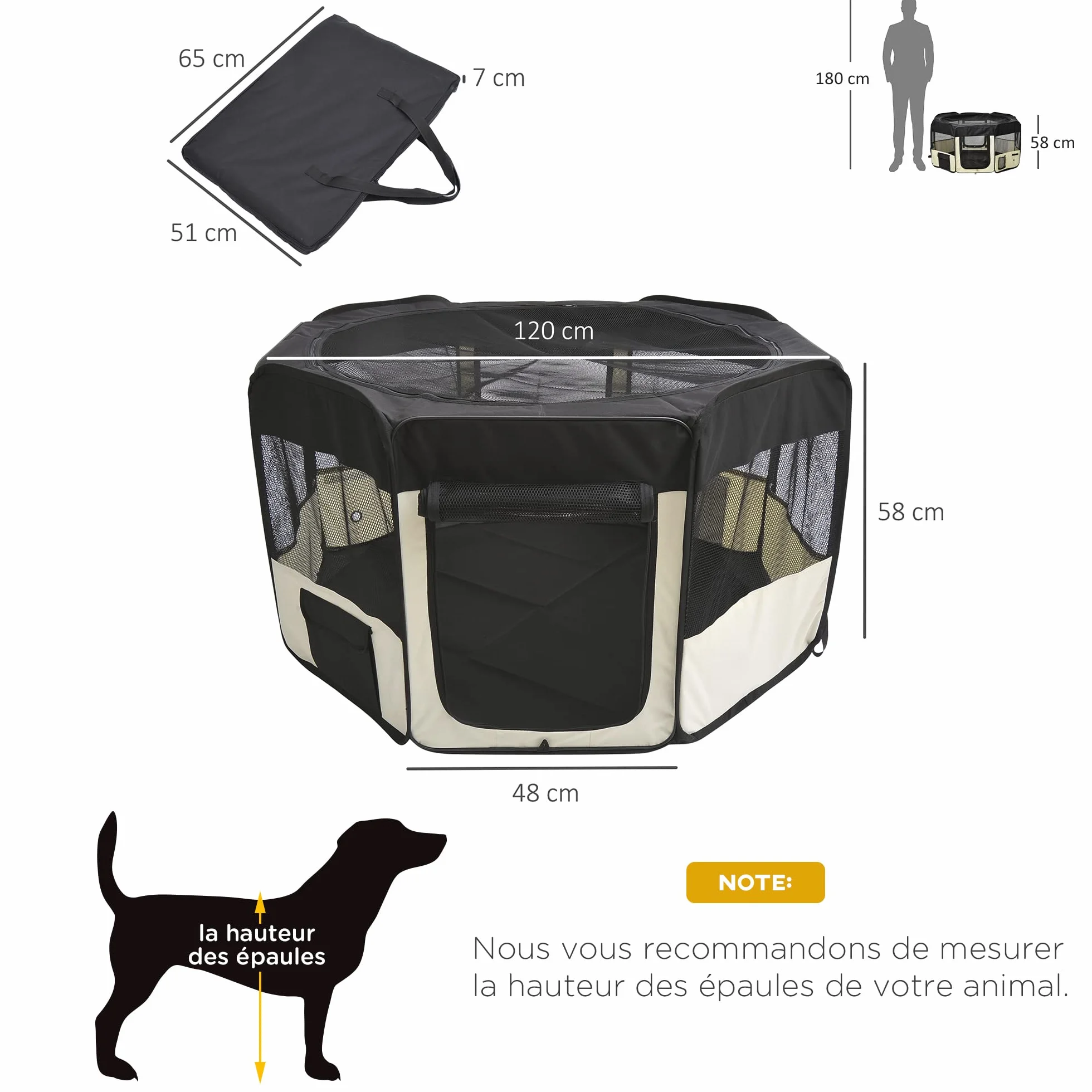 PawHut Parc enclos Pliable pour Chats et Petits Animaux octogonale en Tissu Oxford et Acier - Ø 120 x 58H cm - Noir et crème