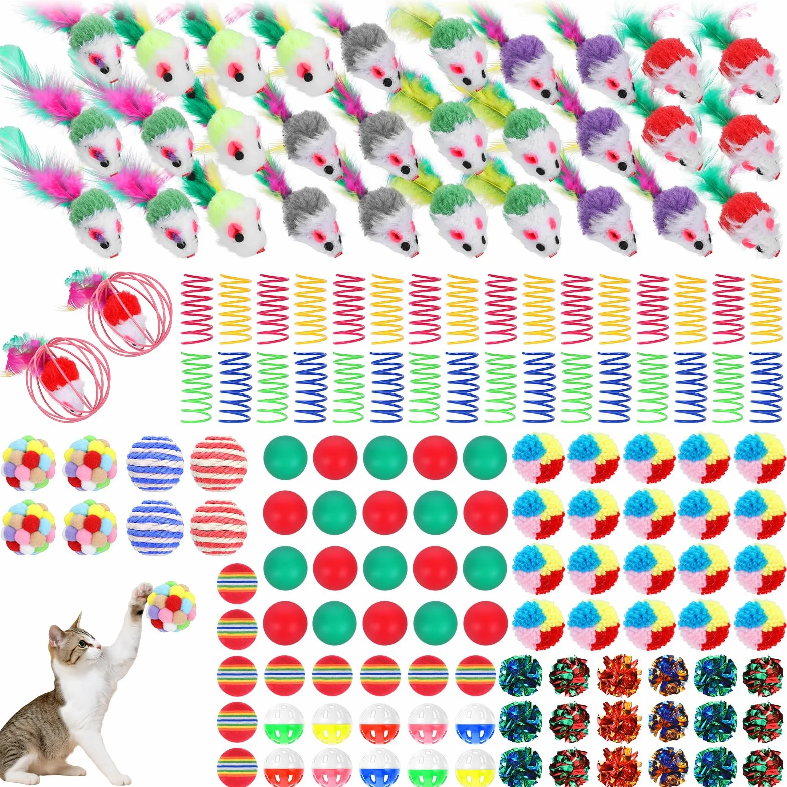 Lot de 150 jouets pour chat en vrac assortis - Jouet pour chat avec souris - Balles en sisal - Balles de tennis de table en peluche - Balles en peluche - Balles froissées