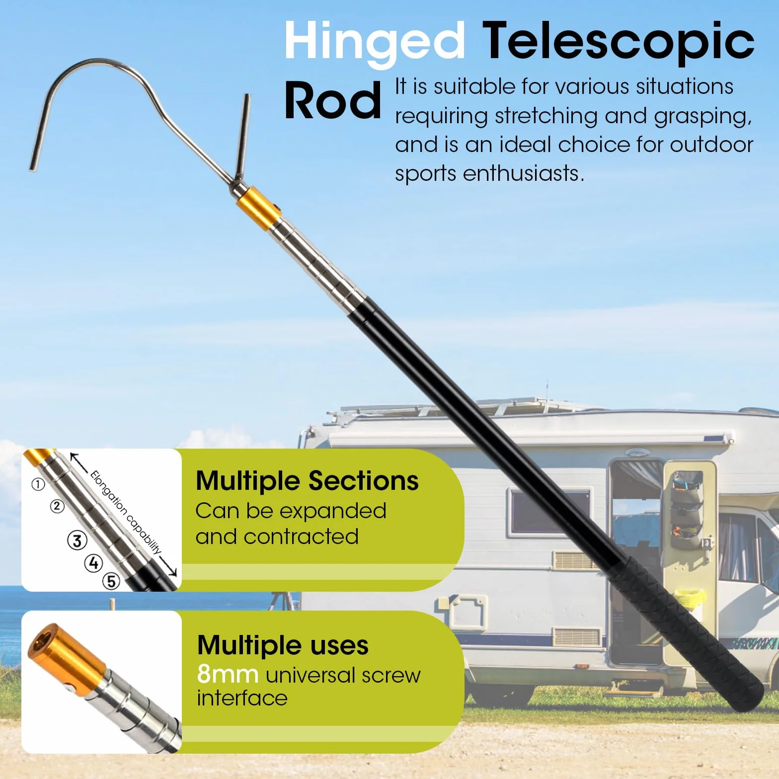 Perche Télescopique 41-150 cm Double Crochet Acier Inoxydable Ouvre-Auvent Camping Car