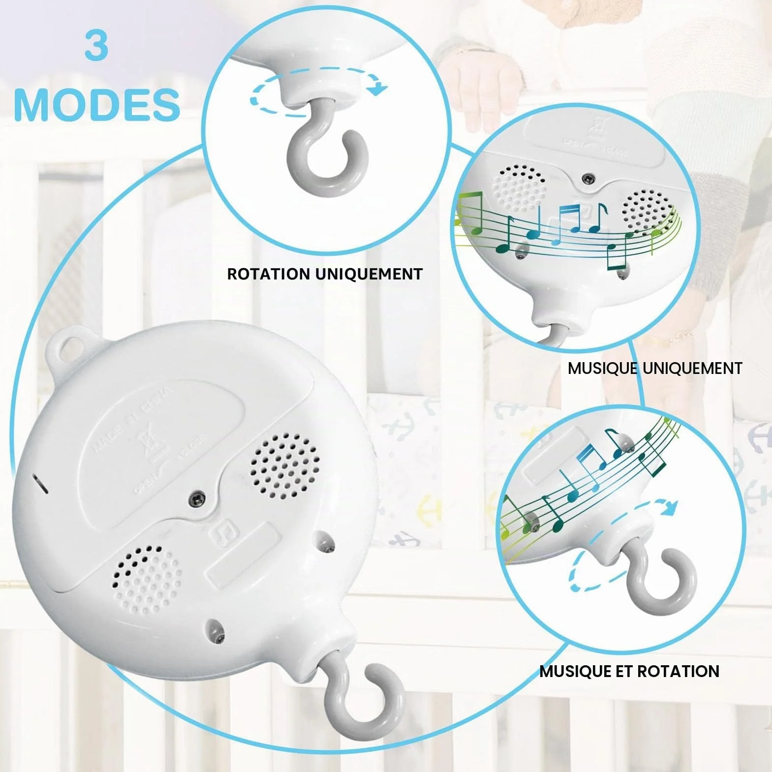 Boîte à musique mobile pour berceau de bébé 35 mélodies douces à piles Portable avec crochet rotatif