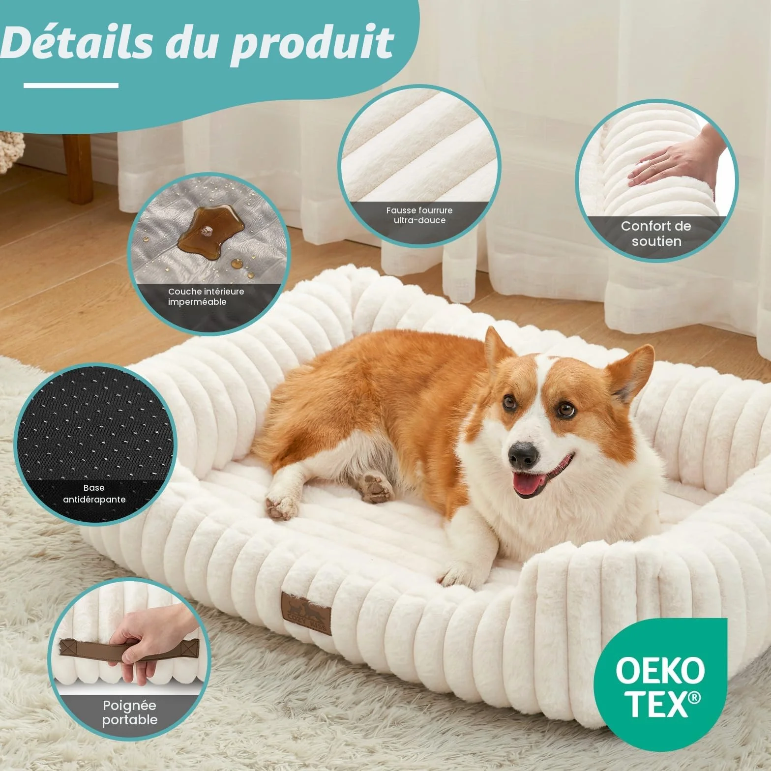 COZY KISS Panier Orthopédique pour Chat Lavable en Fausse Fourrure 64x53x15cm Beige