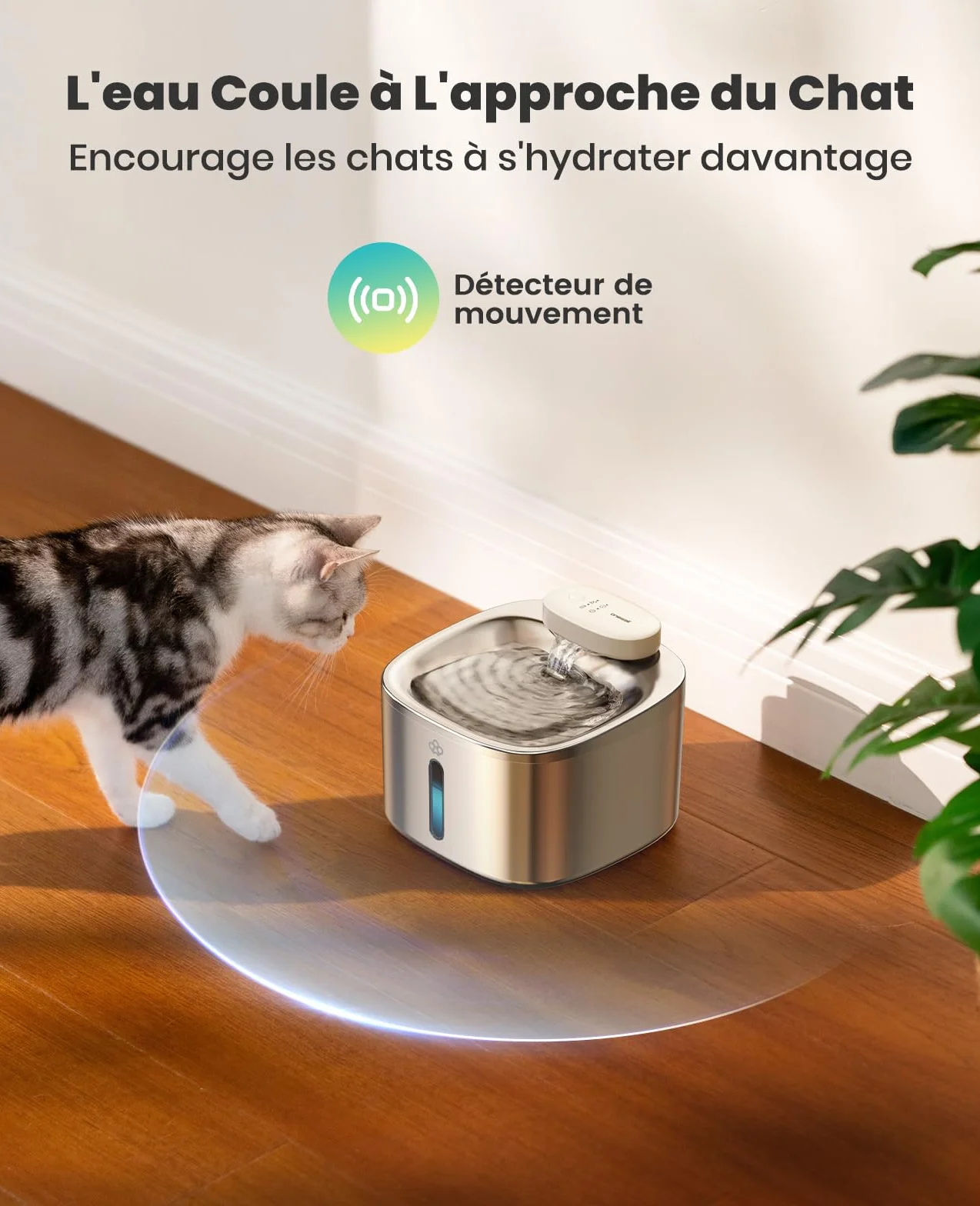 oneisall Fontaine à Eau pour Chat sans Fil 3,5 l Acier Inoxydable Batterie 5000 mAh Détecteur de Mouvement Pompe Silencieuse