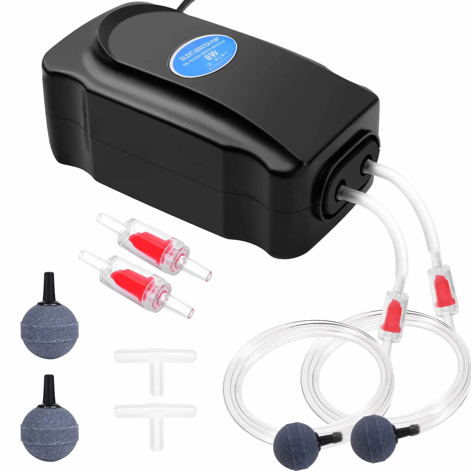 Flintronic Pompe à Air Aquarium 3W 8W Réglable Double Sortie Ultra Silencieuse 5-300L avec Tuyau Pierre à Air Clapet Anti-Retour