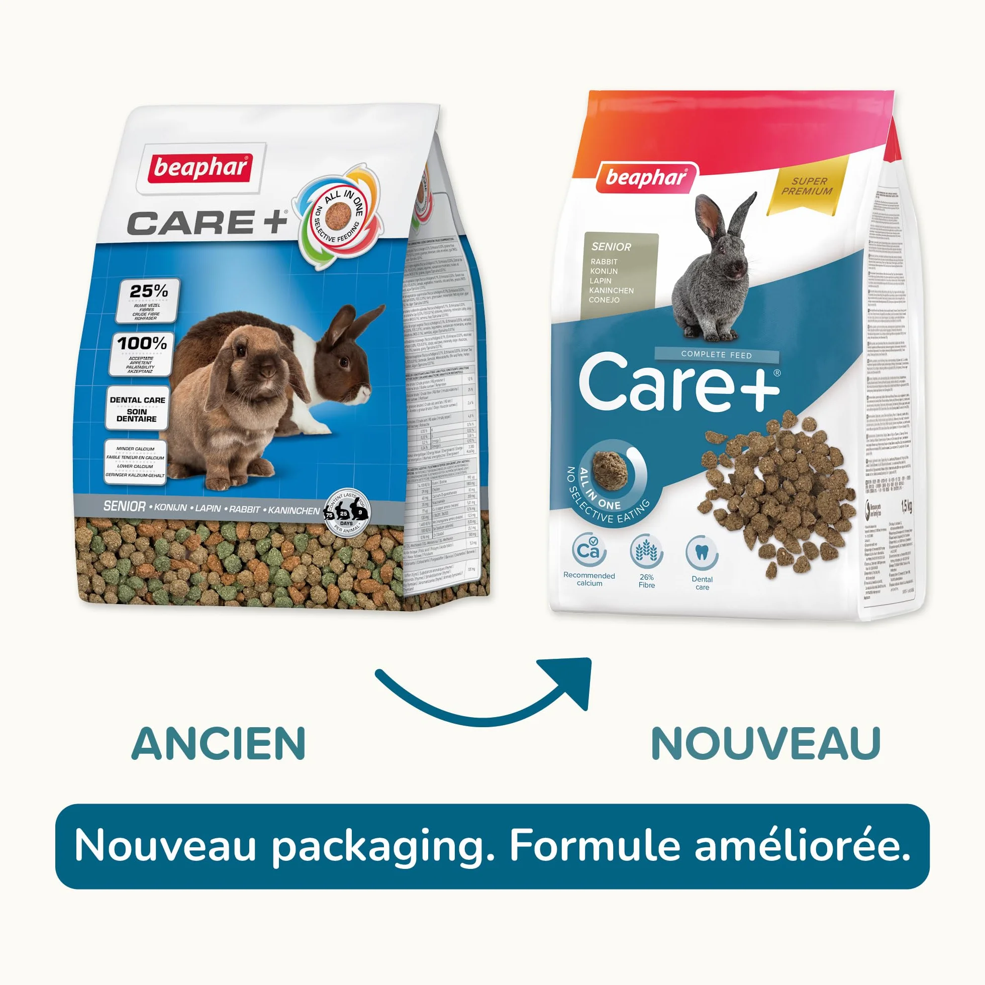 BEAPHAR Care+ Alimentation Super Premium Lapin sénior 25% Fibres Oméga 3 & 6 Faible Glucides Matières Grasses 1,5 kg