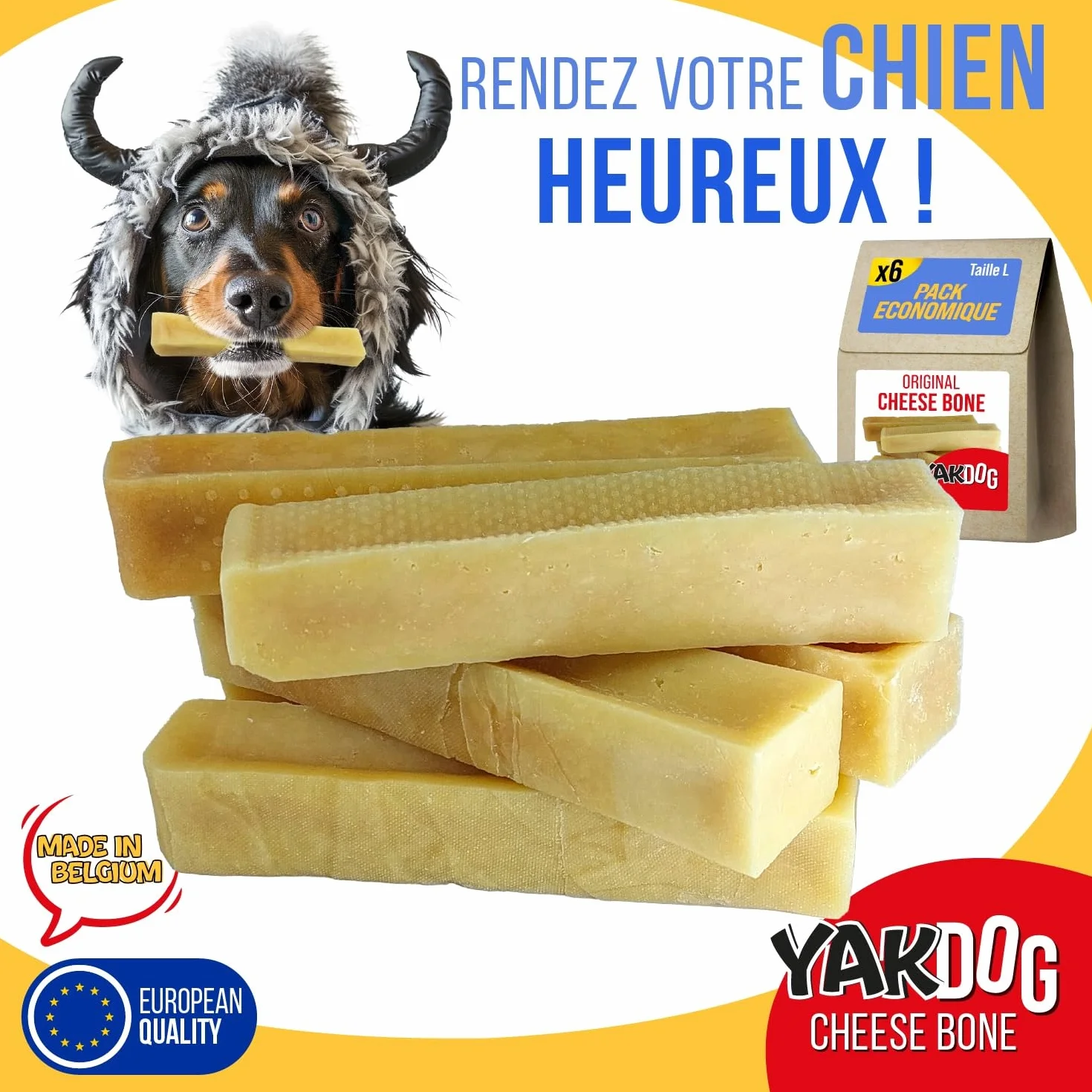 Bâtonnets Fromage pour Chien Friandises à Mâcher Longue Durée 100% Naturel Himalaya Fabriqué en Belgique Taille L Lot de 6