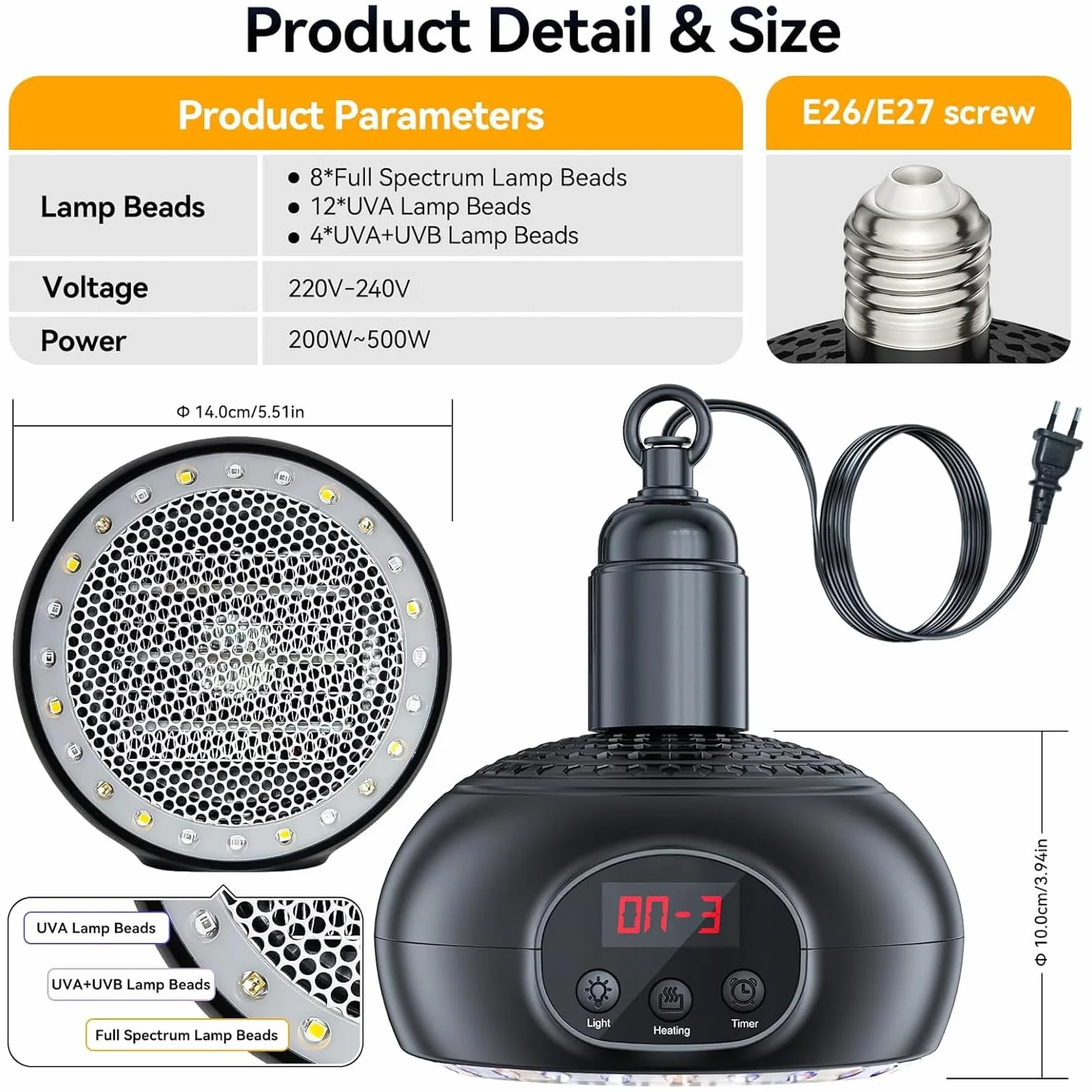 Lampes Chauffantes pour Poulaillers 200 W 350 W 500 W avec Lumière UVA/UVB Timer 3-6-9-12H Portable