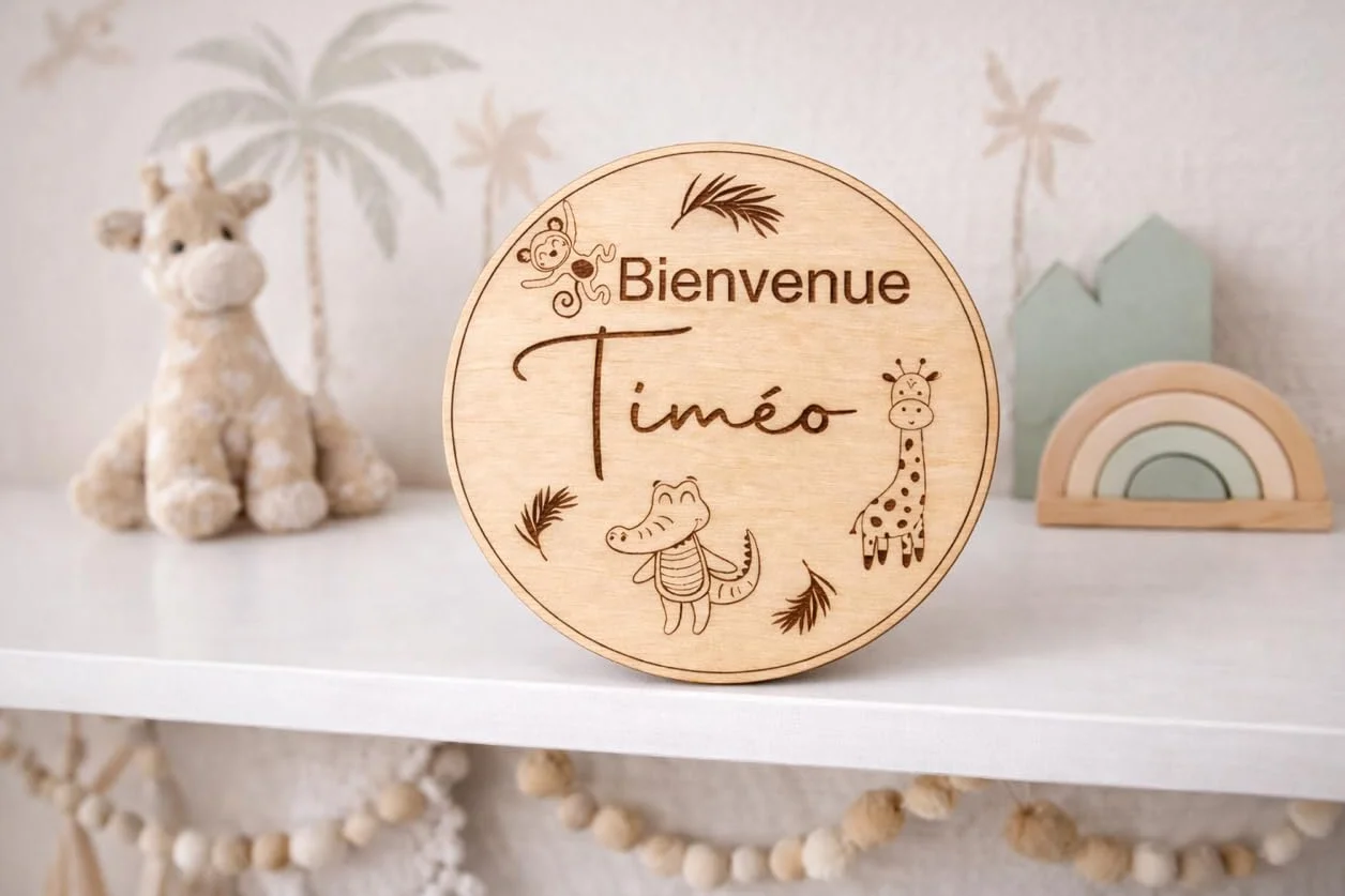 Carte naissance bébé personnalisée en bois - Plaque Bienvenue gravée prénom - Thème animaux jungle