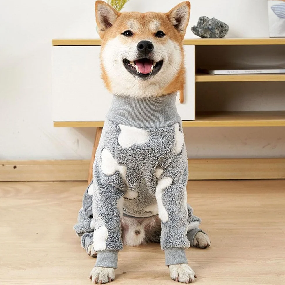Pyjama Chien en Flanelle pour Petite à Moyenne Taille Combinaison Chirurgicale Anti-fuites Hiver (S, os+Gris)