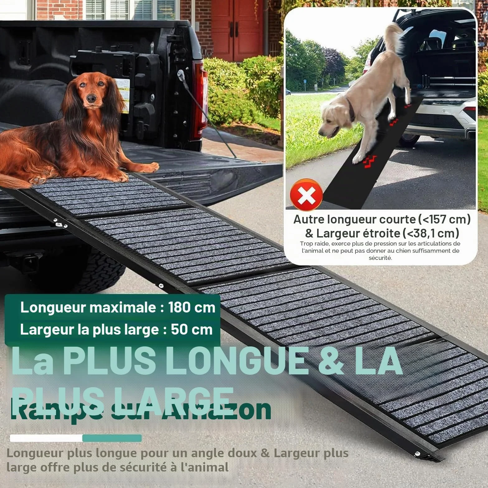 Rampe pour chien de 180 cm de long et 50 cm de large, pliable, avec tapis antidérapant, pliable pour l'extérieur, escalier, voiture, pour chiens de taille moyenne et grande dans un SUV et un camion