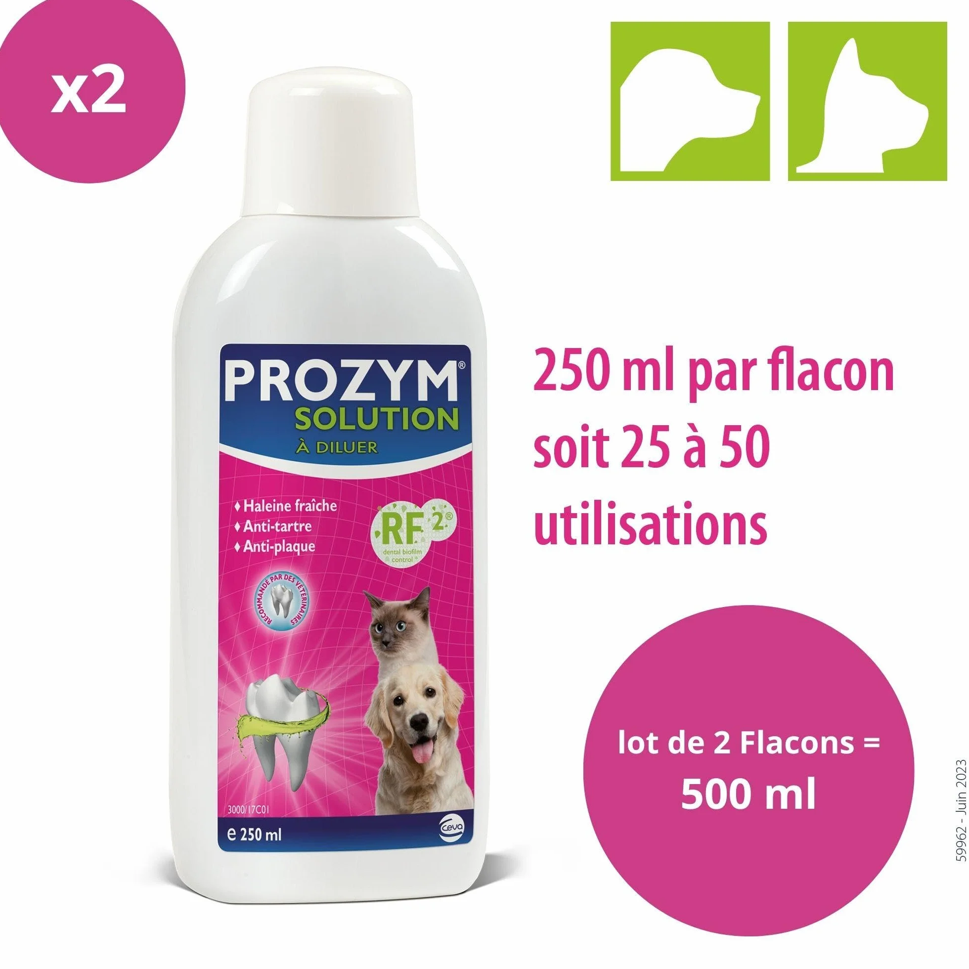 PROZYM Lot de 2 Solutions Dentaires pour Chiens et Chats Anti-tartre Anti-Plaque Haleine fraîche