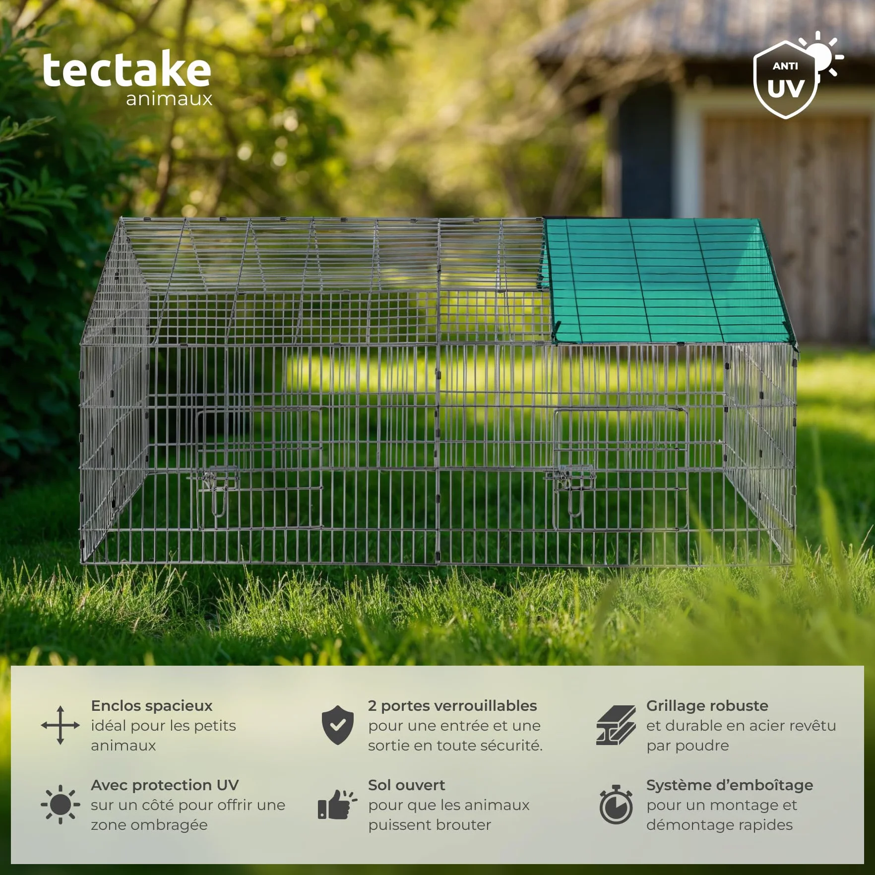 tectake Clapier Lapin Exterieur Cage Cochon d'Inde Lapin Rongeurs 180x75x75 cm Métal XXL Sol sans Fond 2 Portes Pare-Soleil Toit