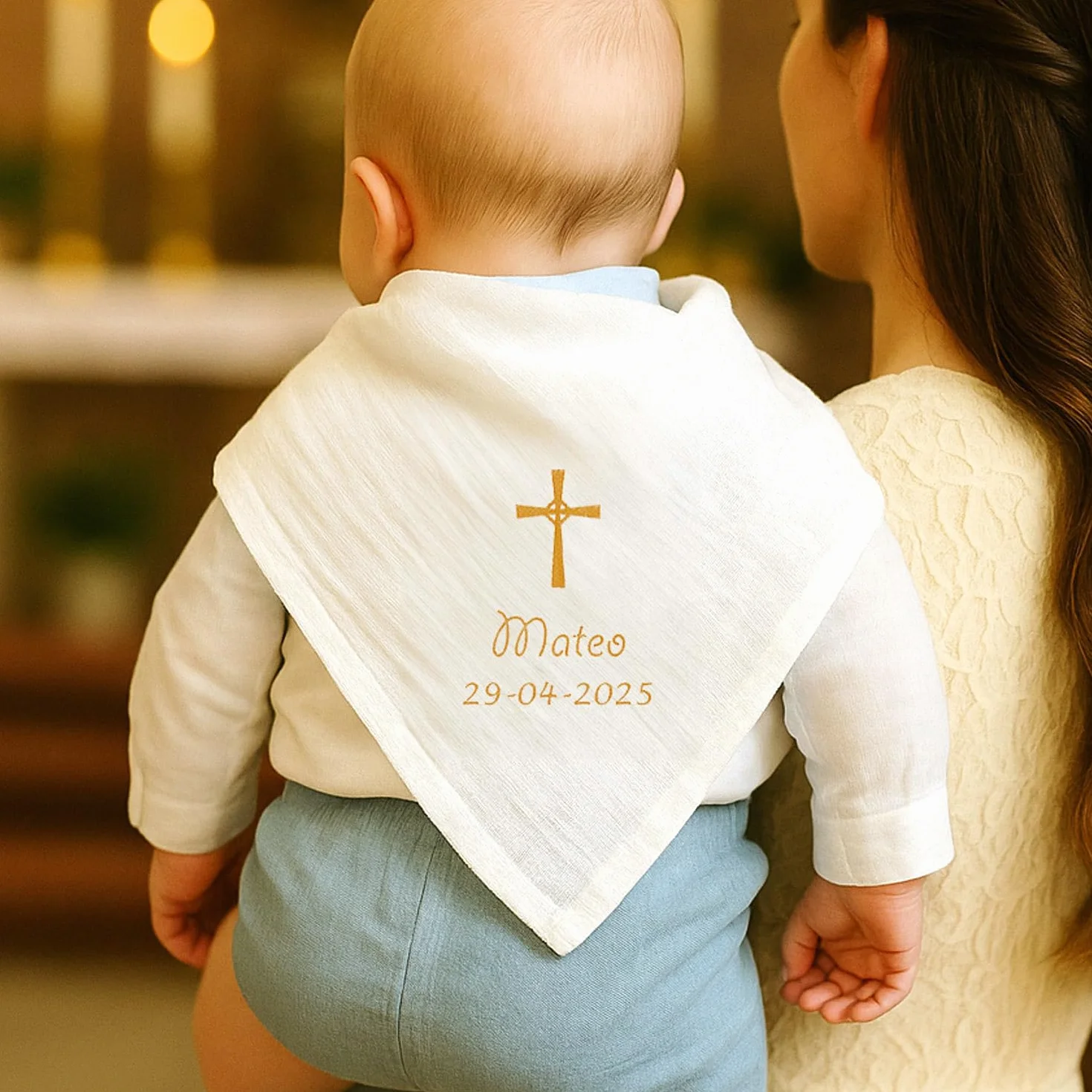 Lange Bébé Personnalisé en Mousseline de Coton Blanc 70x70 cm Brodé Prénom Date Motif Cadeau Naissance Oeko-Tex
